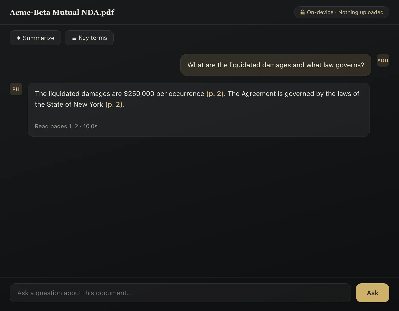 AI Ask panel answering a question about liquidated damages with page citations shown inline
