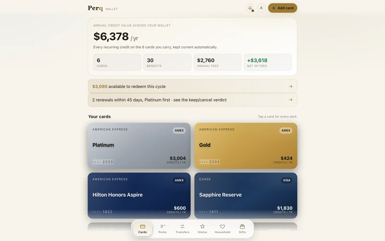 Perq wallet cards view showing four American Express and Chase cards with their annual credit value and a $6,378 per year total