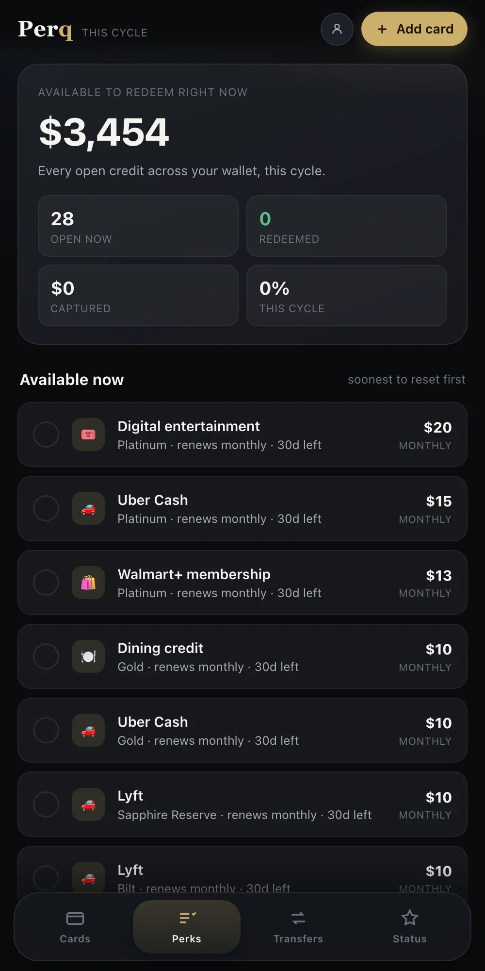 This cycle view listing open credits soonest to reset first, including digital entertainment, Uber Cash, Walmart+, and dining credits with dollar amounts