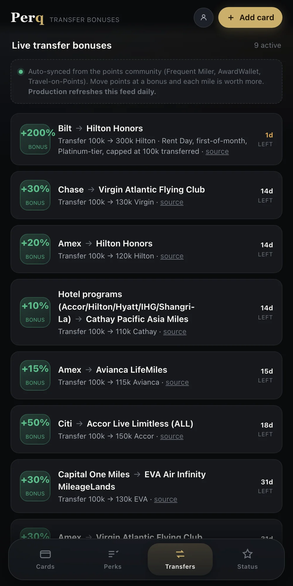 Live transfer bonuses list showing Bilt to Hilton Honors at plus 200 percent and other card-to-loyalty-program bonuses with days left
