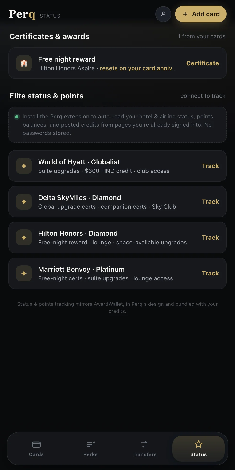 Status view showing a free night reward certificate and elite status tracking for World of Hyatt, Delta SkyMiles, Hilton Honors, and Marriott Bonvoy