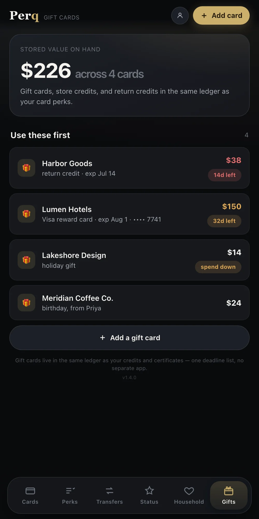 Gift cards view showing 226 dollars in stored value across four cards including a return credit and a Visa reward card, ranked by expiration