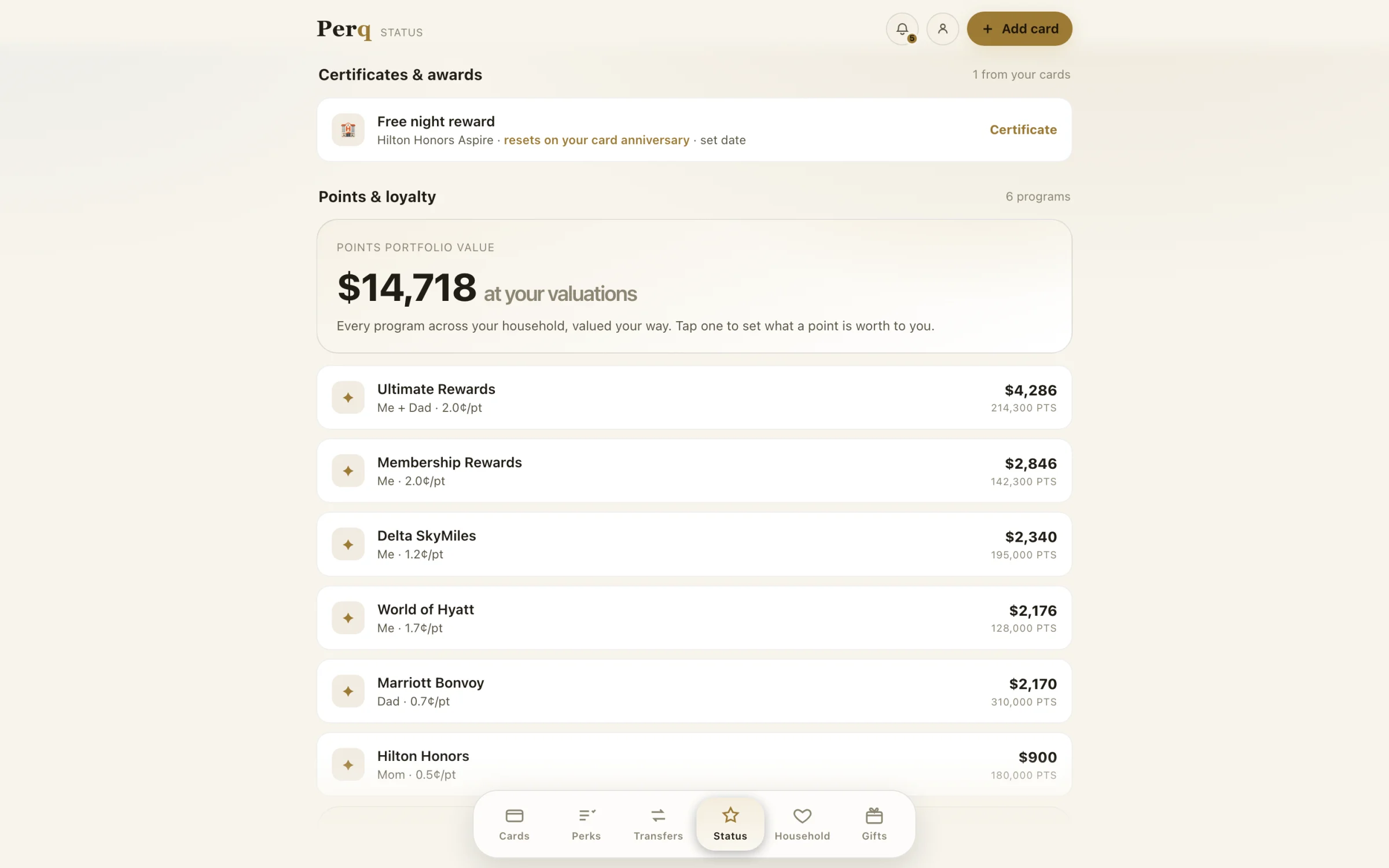 Points and loyalty portfolio valued at 14,718 dollars across six programs including Ultimate Rewards, Membership Rewards, and Delta SkyMiles