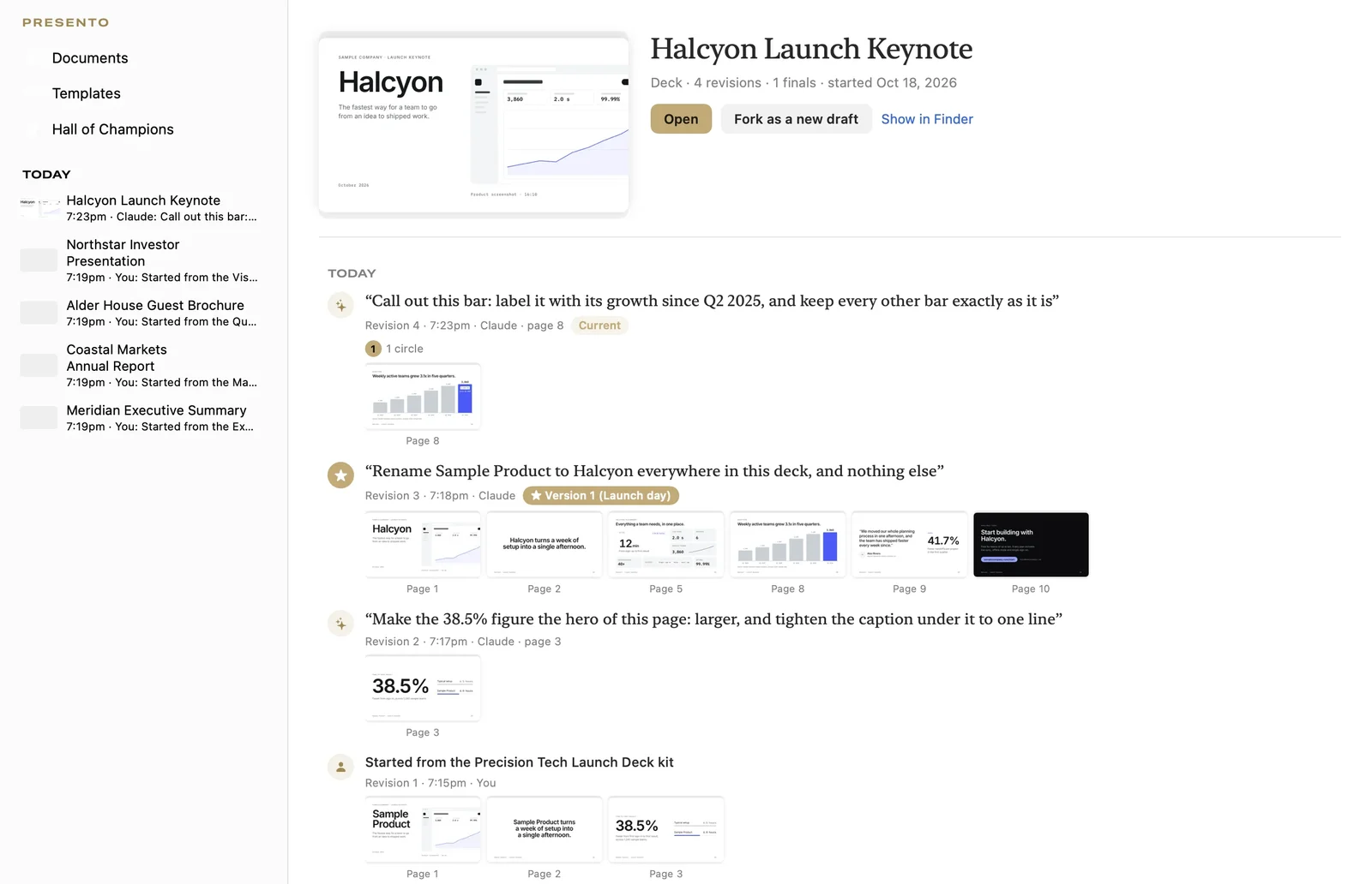 Presento Library showing the Halcyon Launch Keynote document page with its revisions and a named final