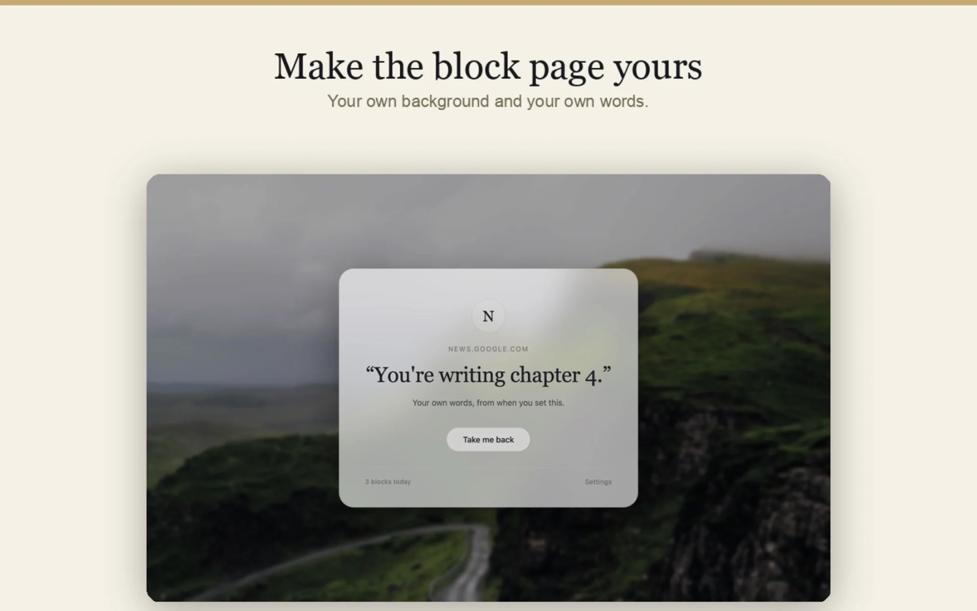 Quietsite block page using a custom uploaded landscape photo, showing personal reason text, block count, and a Settings link
