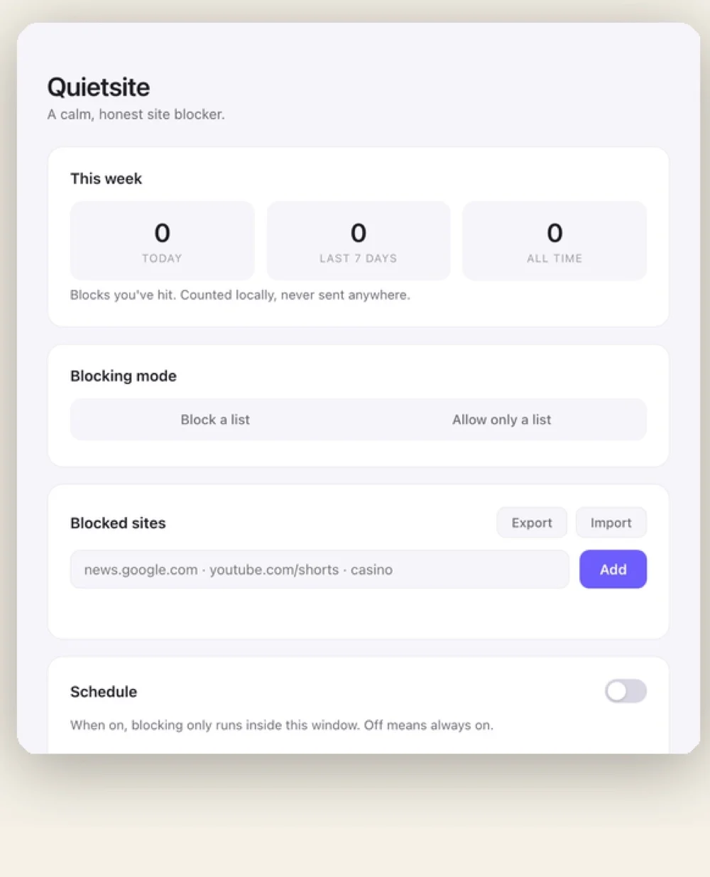 Quietsite settings panel showing weekly block counts, blocking mode toggle between Block a list and Allow only a list, a blocked sites field with Export and Import, and a schedule toggle