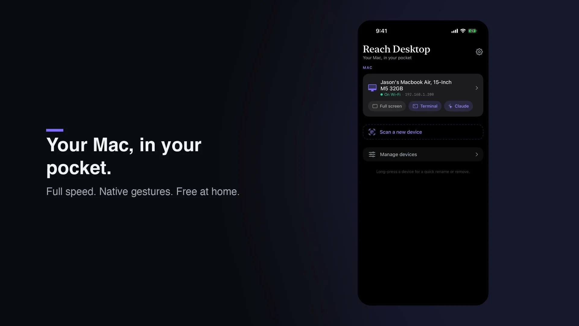 The Reach Desktop iPhone app showing a connected Mac with Full screen, Terminal, and Claude quick-launch buttons