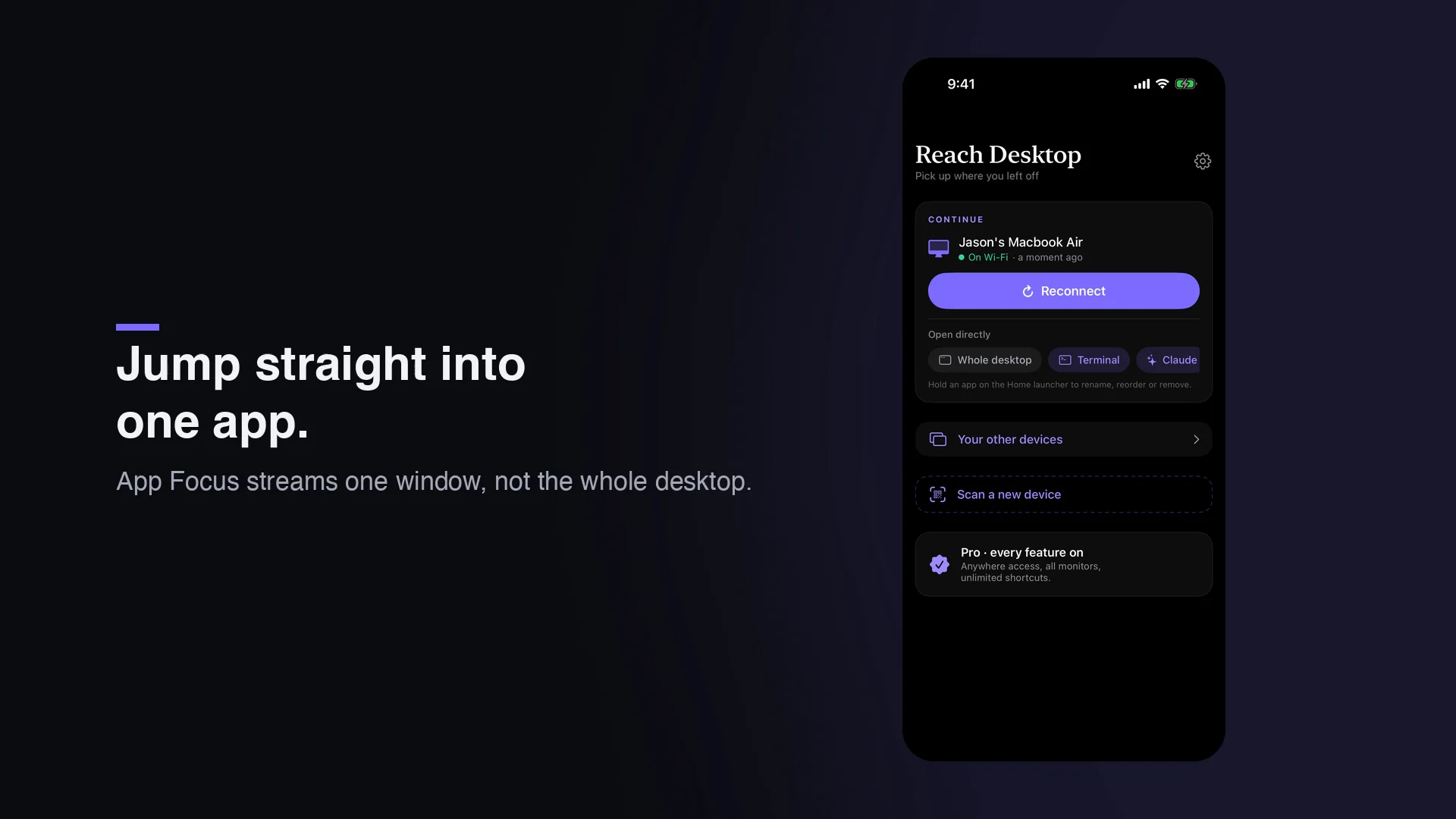The Reach Desktop app's Continue screen with a Reconnect button and shortcuts to open the whole desktop, Terminal, or Claude directly