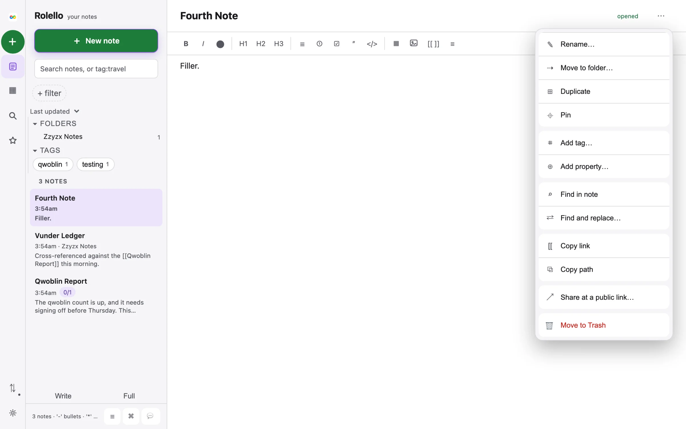 A Rolello note's right-click menu showing rename, move to folder, duplicate, pin, tag, find and replace, and share at a public link