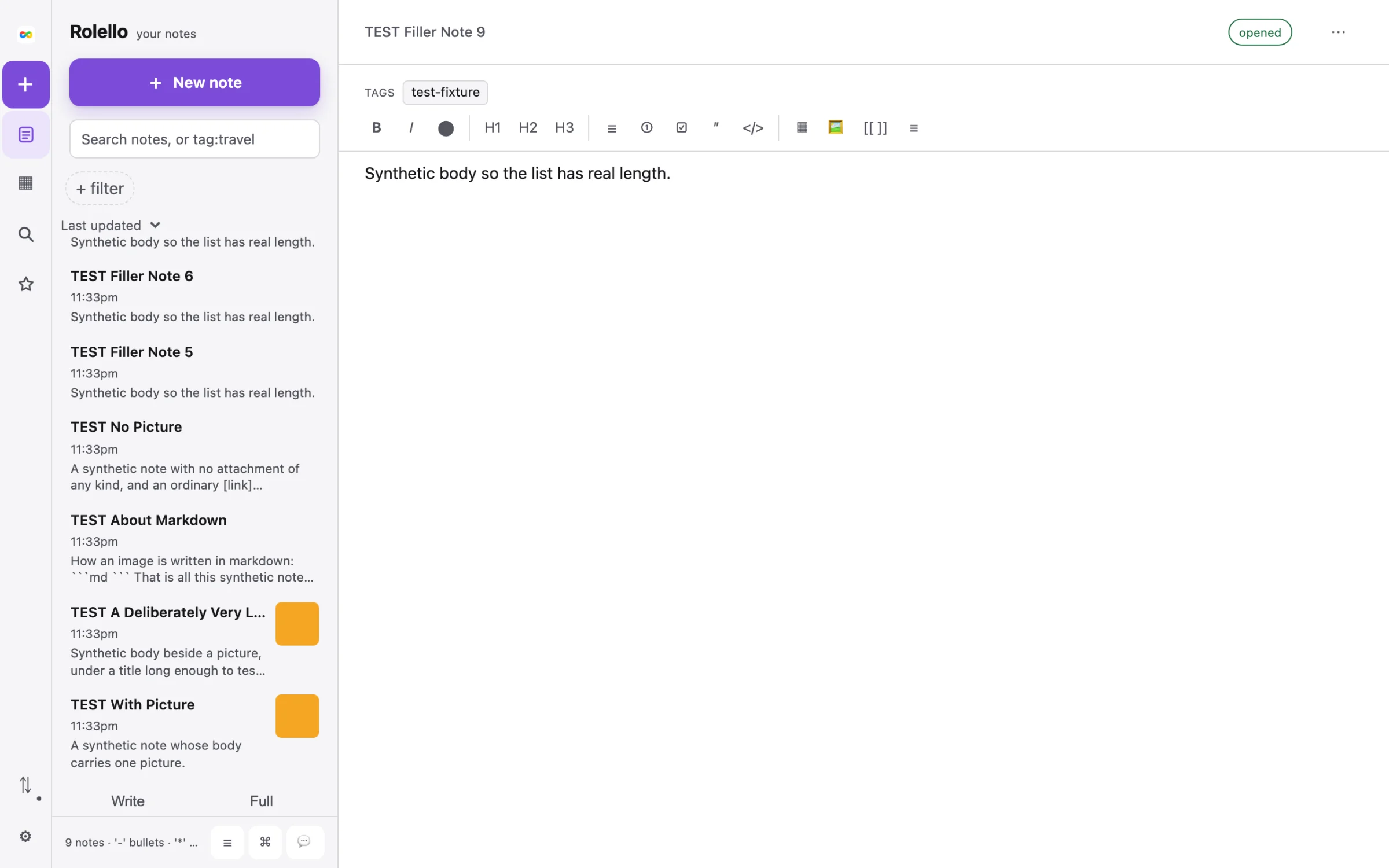 The Rolello note list with a picture thumbnail beside notes that carry an attached image