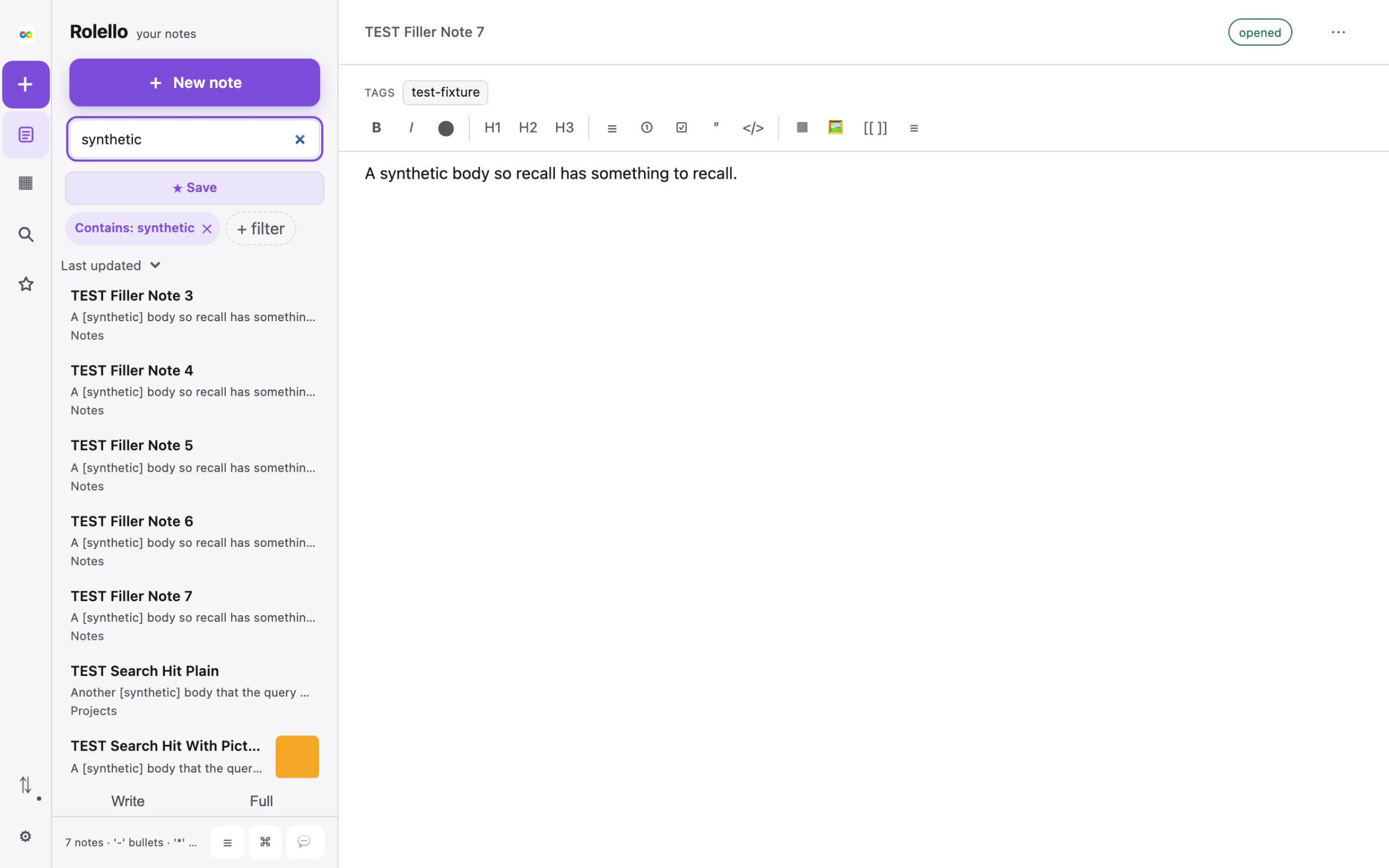 Rolello search results for the word synthetic, with the matching word highlighted in each note's list preview