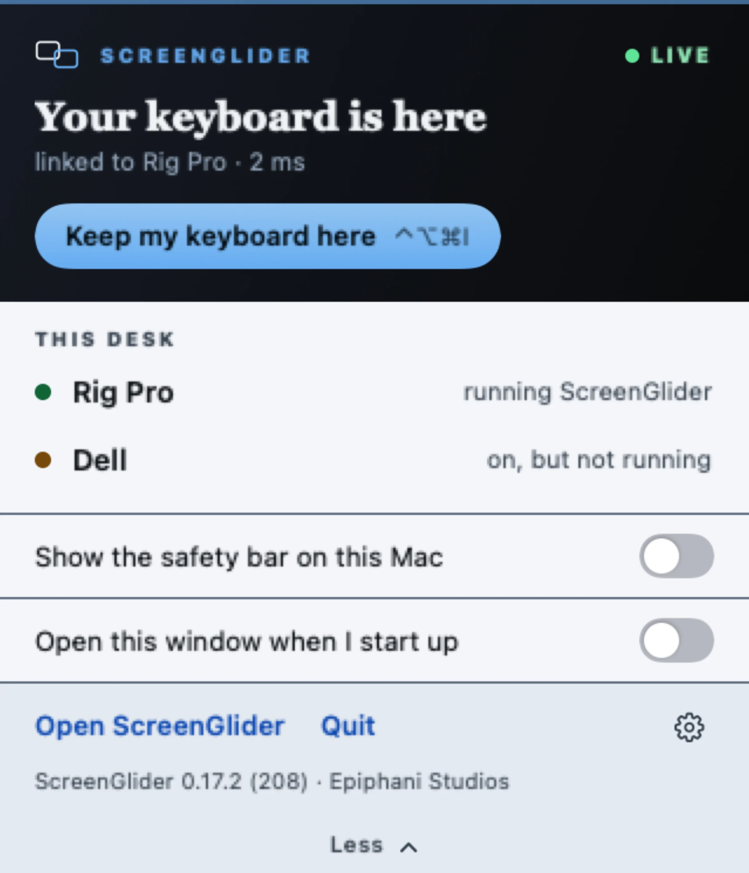 The ScreenGlider menu bar panel showing the keyboard linked to Rig Pro at 2 milliseconds and this desk's machine list