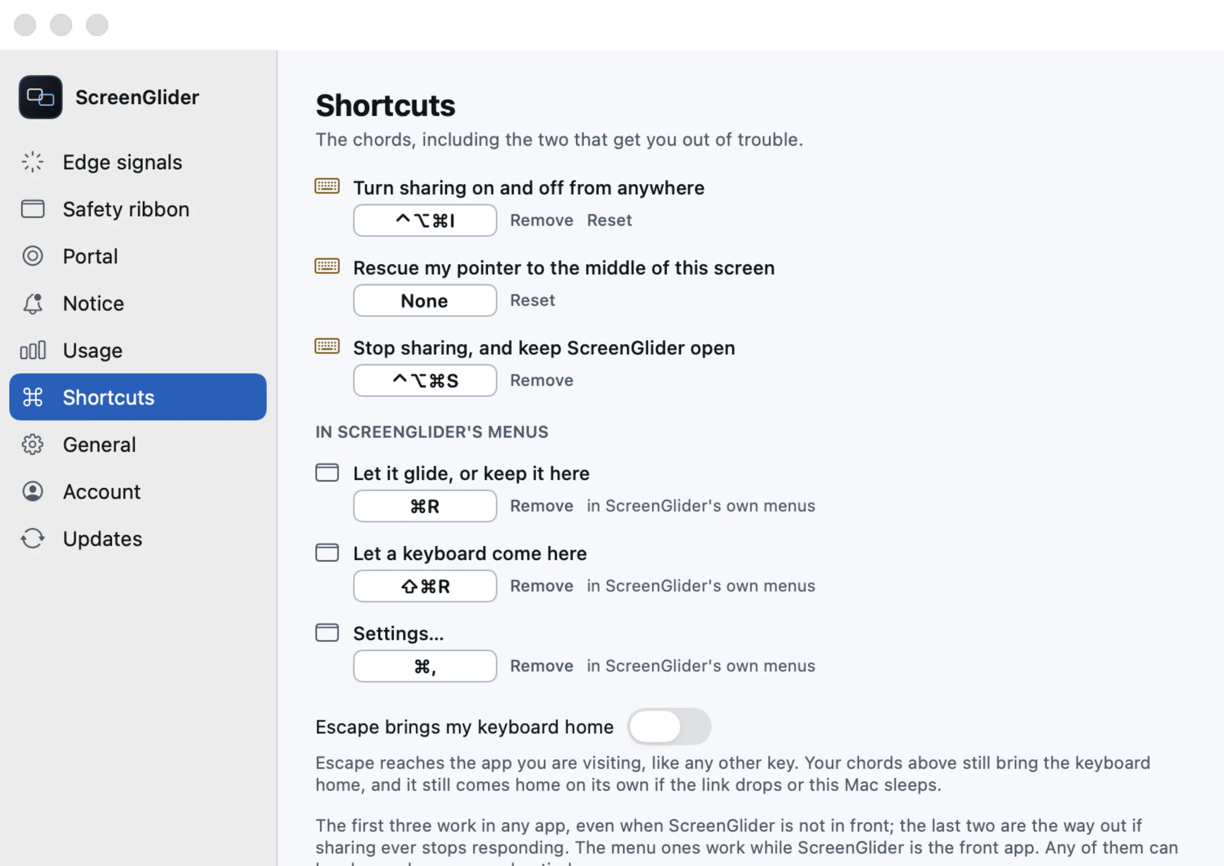 The Shortcuts settings pane listing every chord, including the two that bring the keyboard home in an emergency