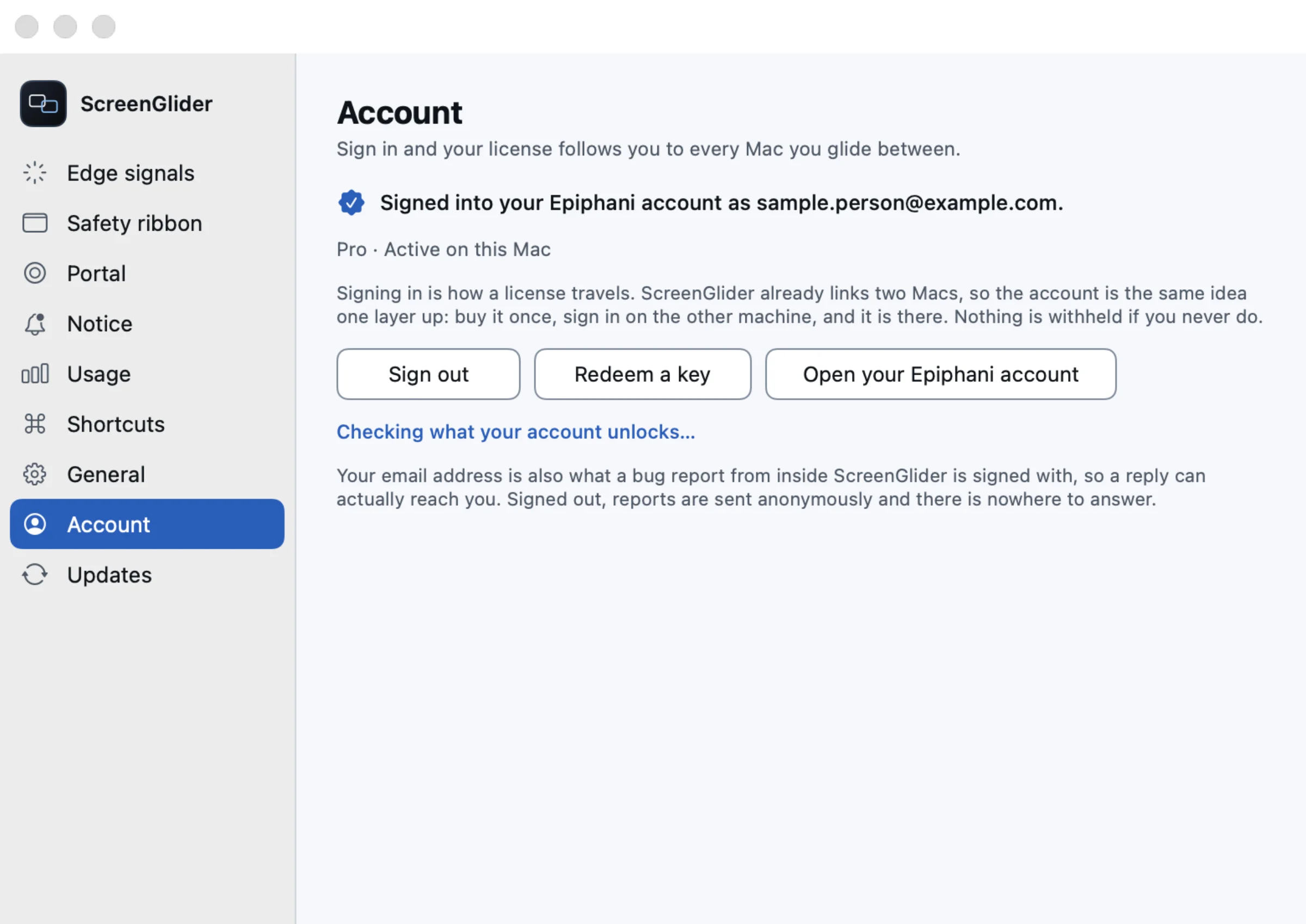 The Account settings pane showing a signed-in Epiphani Pro account active on this Mac