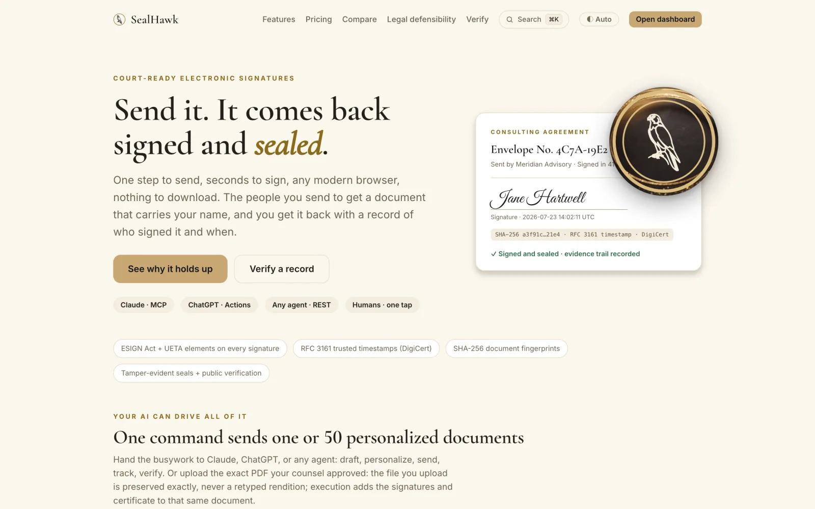 SealHawk home page with the headline Send it. It comes back signed and sealed, and a sample consulting agreement signed by Jane Hartwell