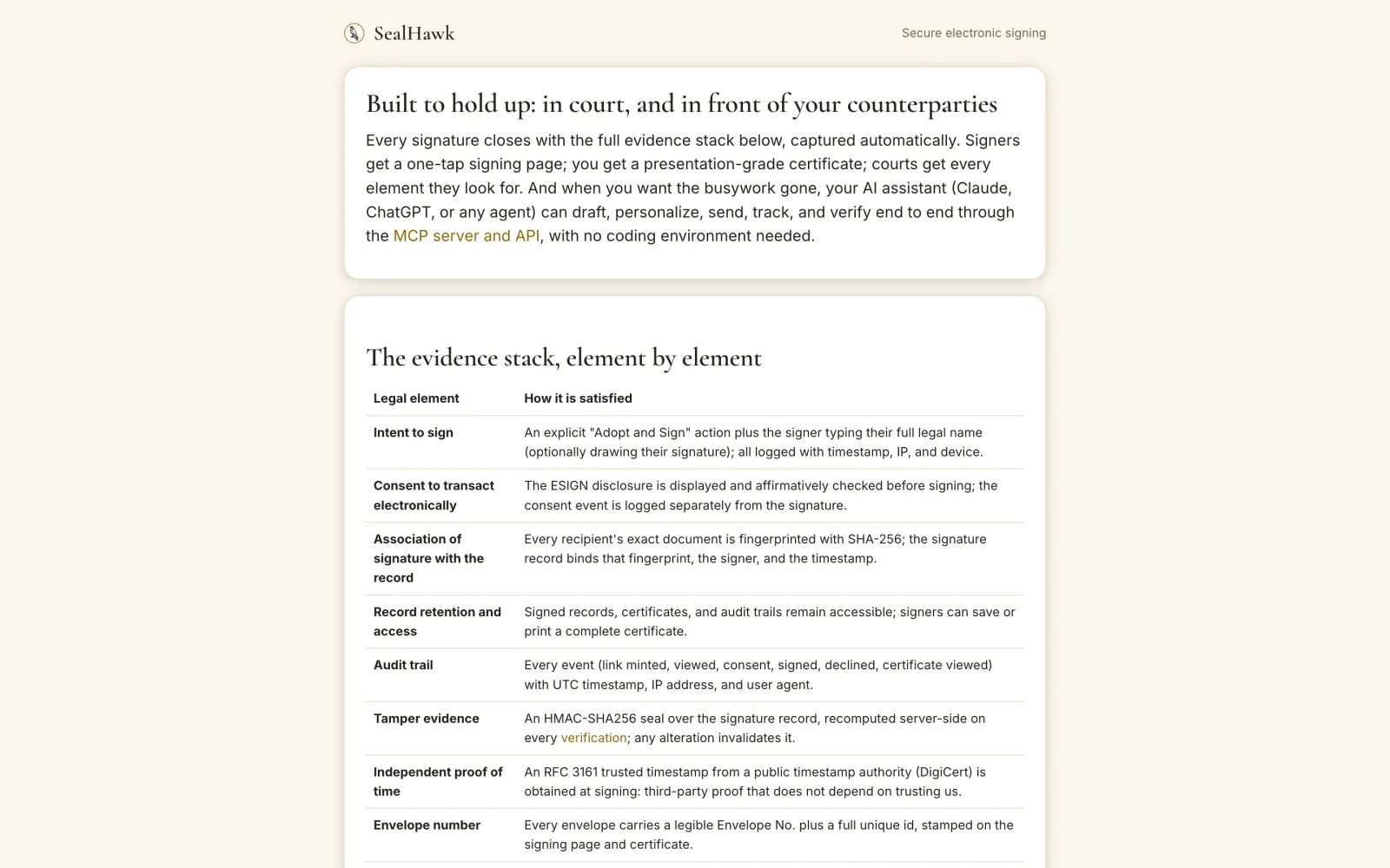 Table of the evidence stack showing legal elements such as intent to sign, consent, audit trail, and tamper evidence, along with how each is satisfied