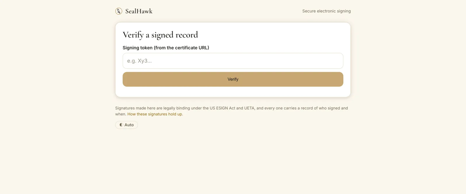 Verify a signed record page with a signing token field and a Verify button