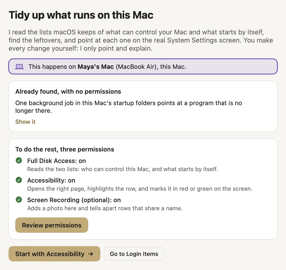 Settings Valet start page titled Tidy up what runs on this Mac, with a startup-folder finding and three permissions listed