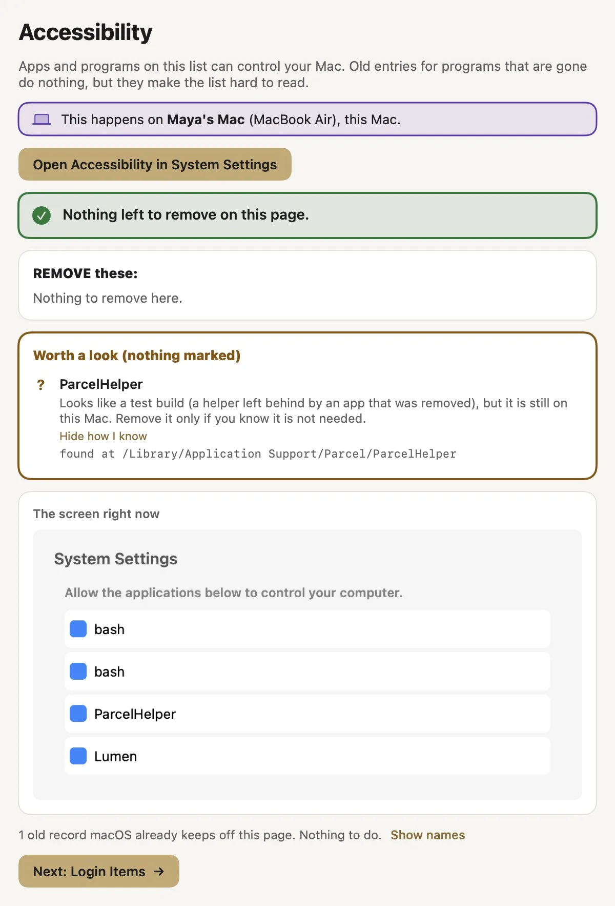 Settings Valet Accessibility page with a Worth a look entry for ParcelHelper and a picture of the System Settings list
