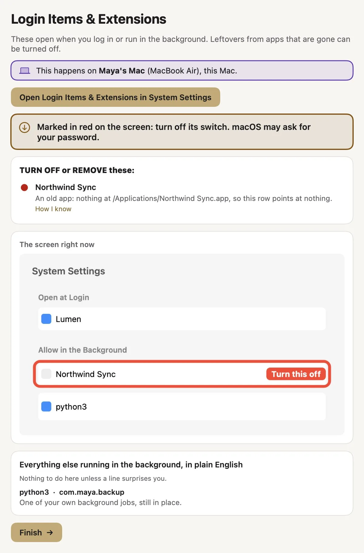 Settings Valet Login Items page with Northwind Sync marked in red on a System Settings switch and background jobs explained