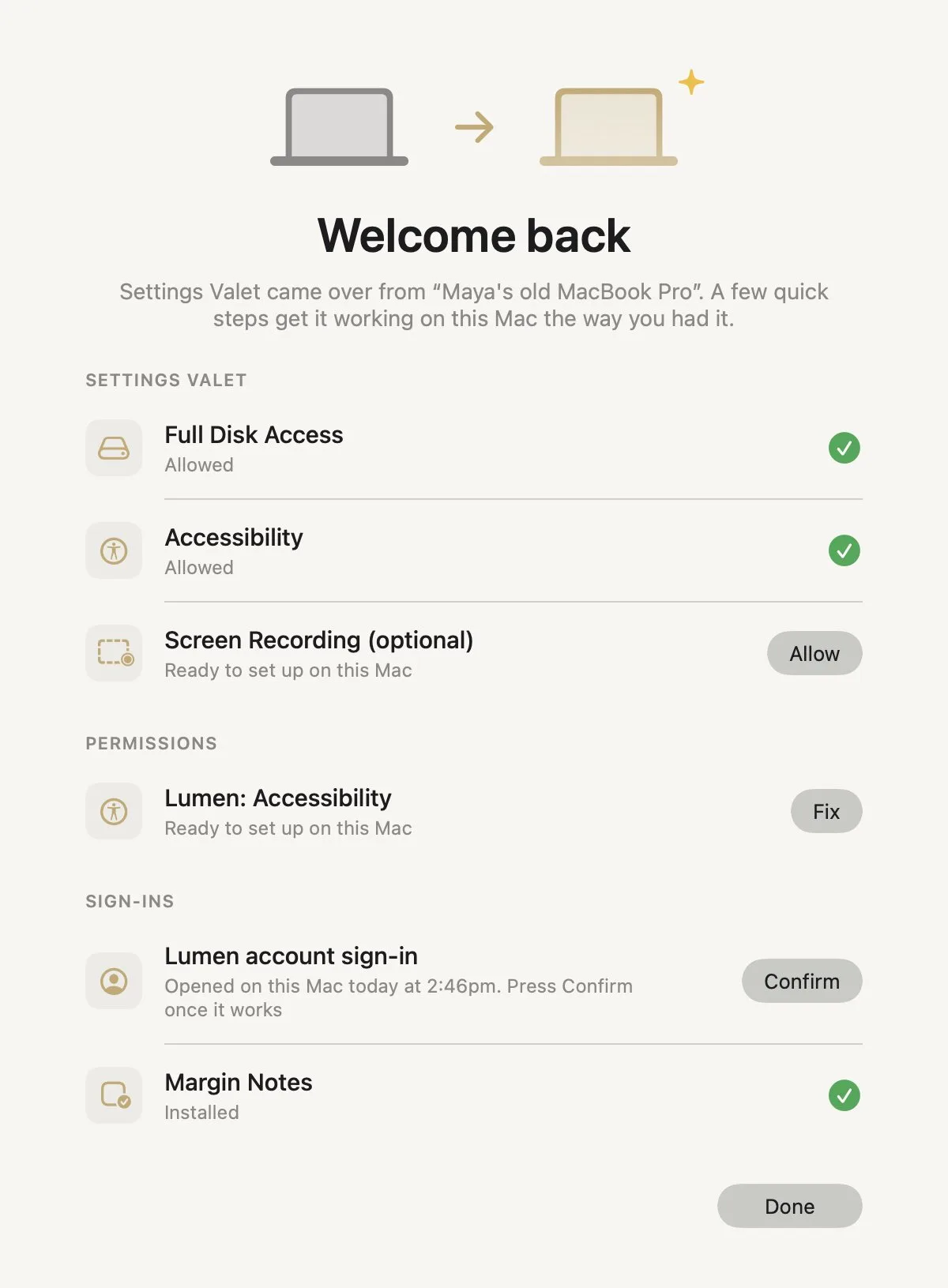 Settings Valet Move-In page titled Welcome back with permissions and sign-ins each showing a status and a Fix or Confirm button