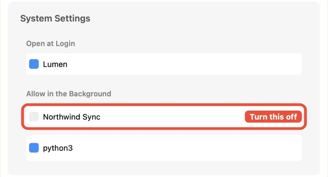 System Settings background list with a red outline and a Turn this off label drawn around the Northwind Sync row