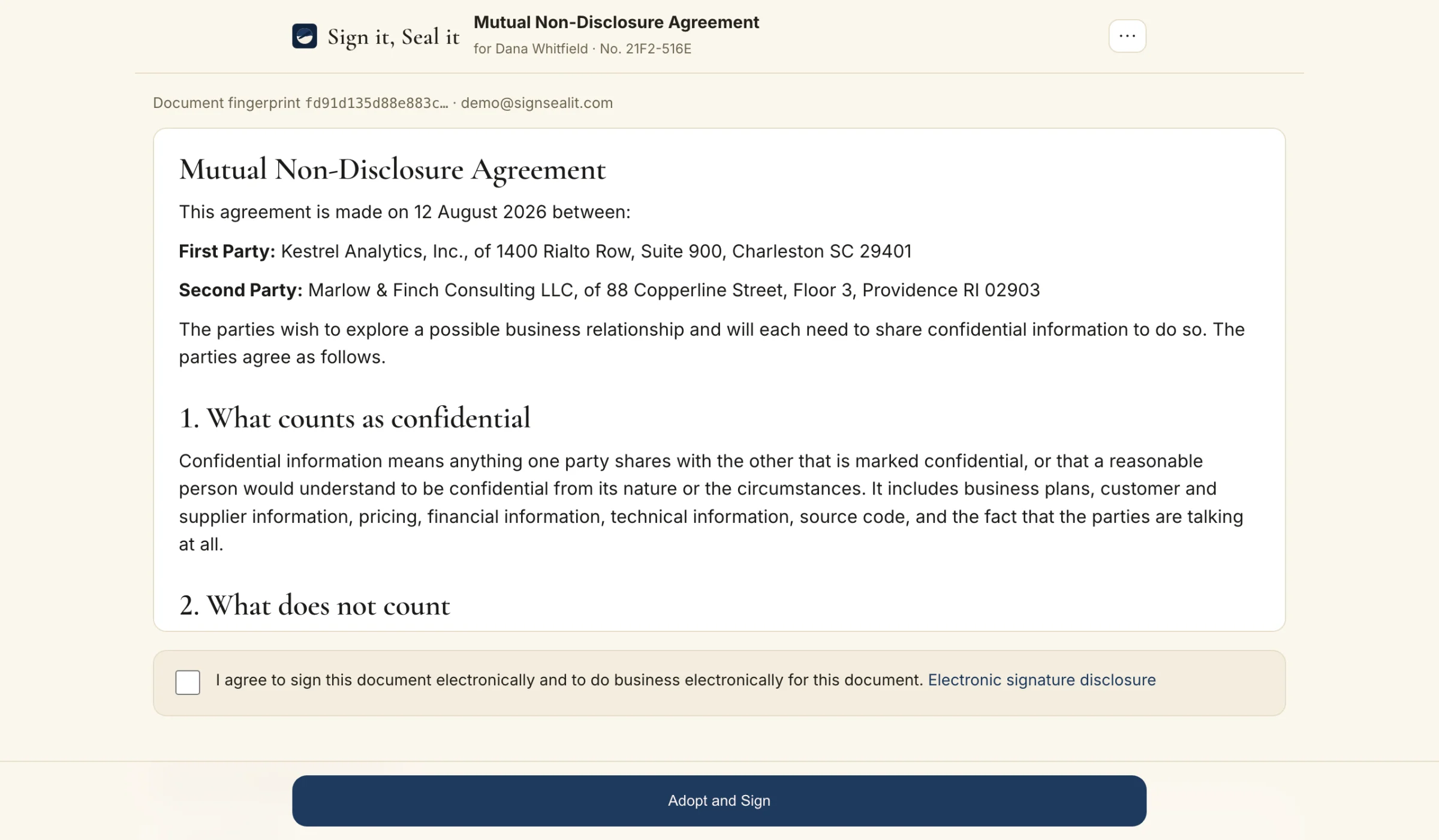 The recipient signing page for a Mutual Non-Disclosure Agreement, showing the document text and an Adopt and Sign button