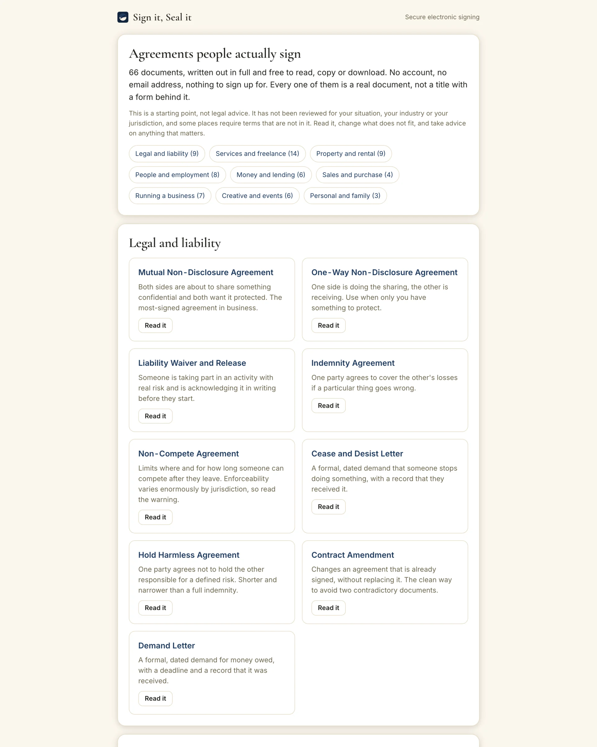 The agreement library listing 66 templates grouped into categories such as Legal and liability, Services and freelance