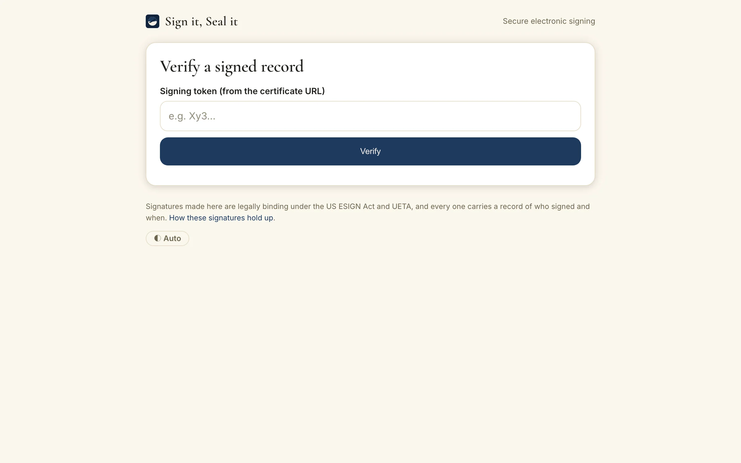 The public verify page with a field for a signing token and a Verify button to check a signed record