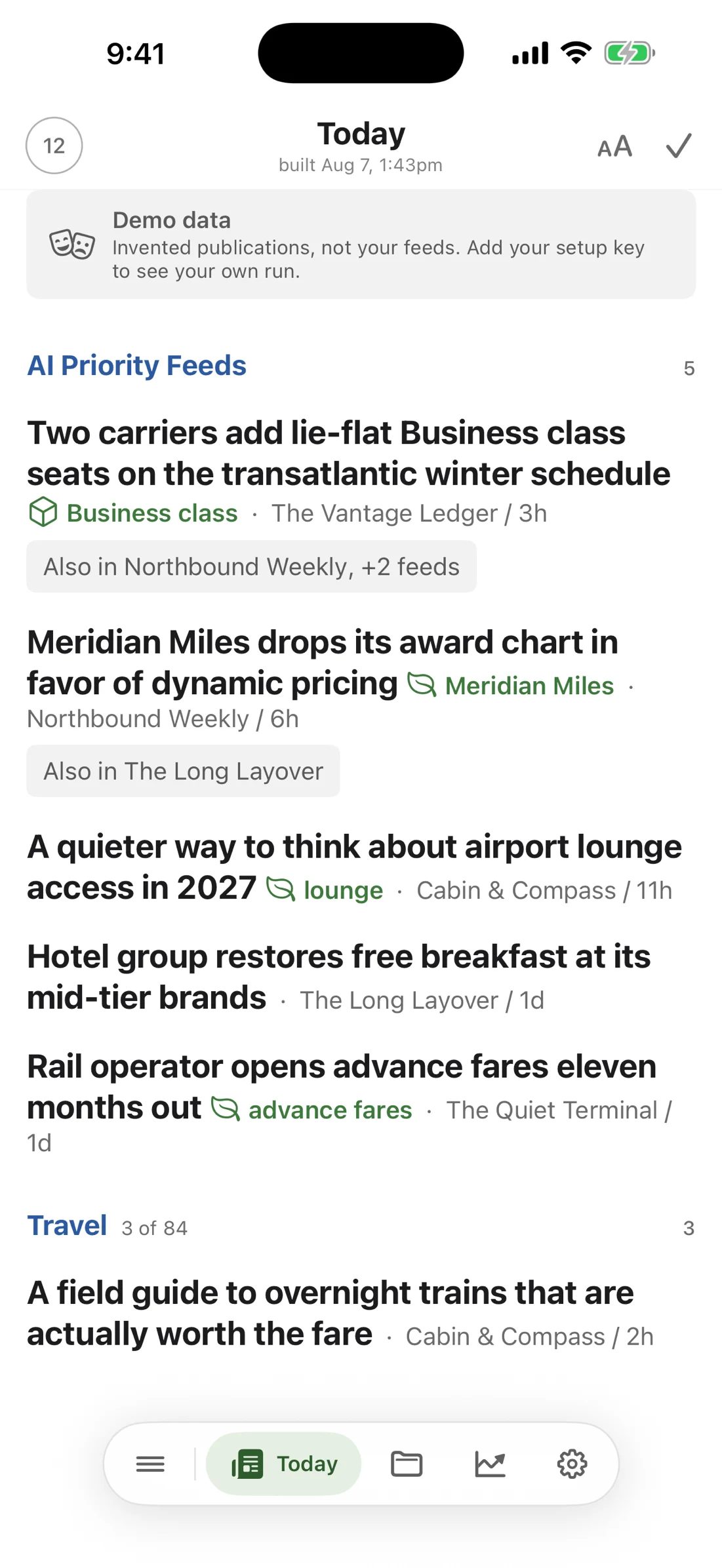 The Today digest on iPhone showing ranked travel headlines with why-this-ranked labels and an Also in feeds cluster bar