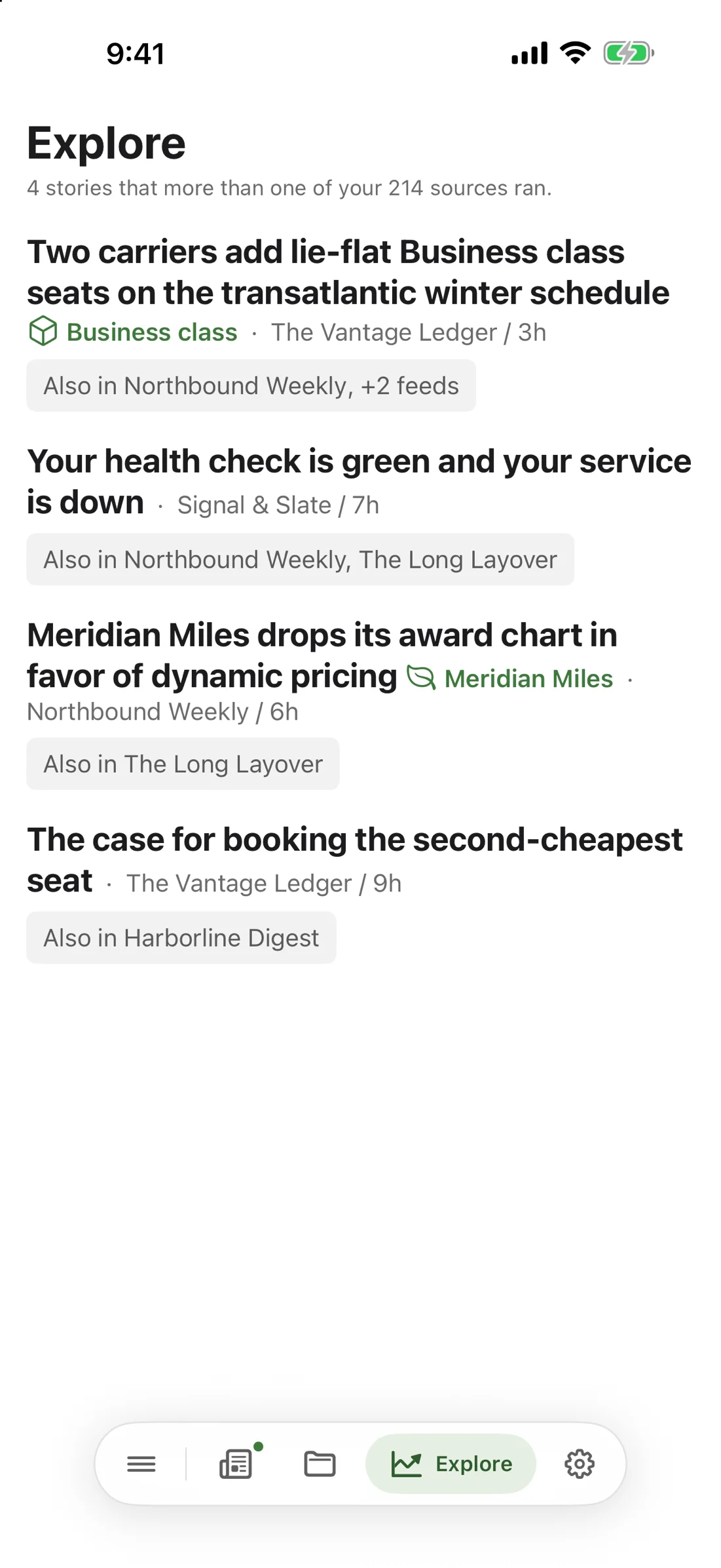 The Explore screen on iPhone showing stories that ran across several sources, each tagged with where else it appeared