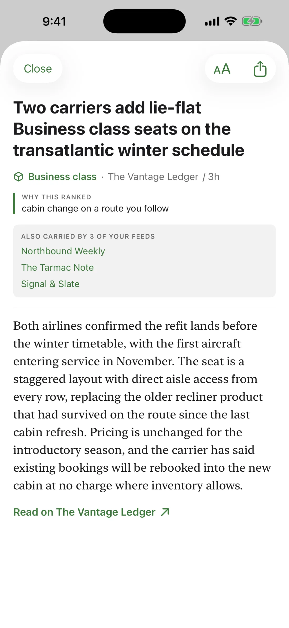 A story open in the reader on iPhone, with why it ranked and which of your feeds also carried it, above the full text