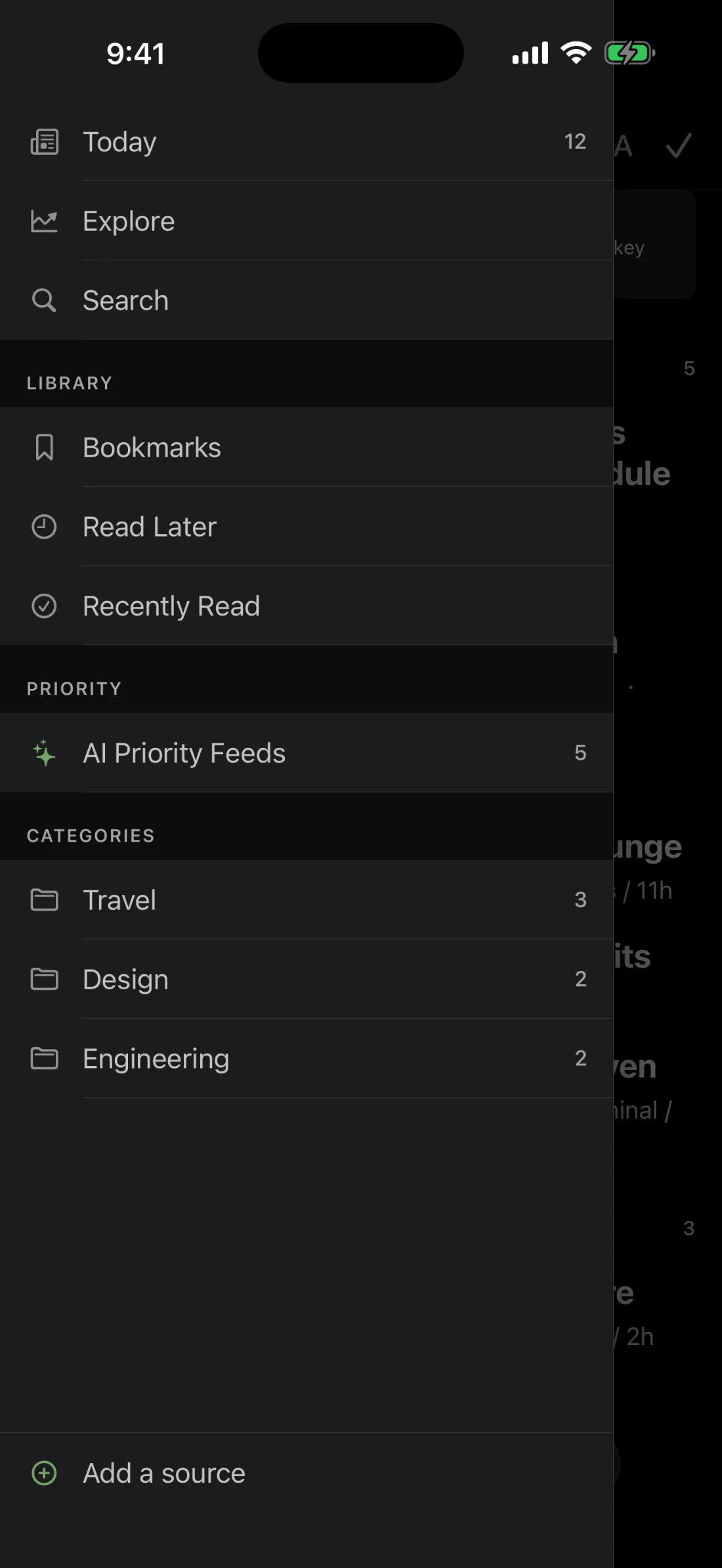 The side panel on iPhone listing Today, Explore, Search, your library and your feed categories with counts