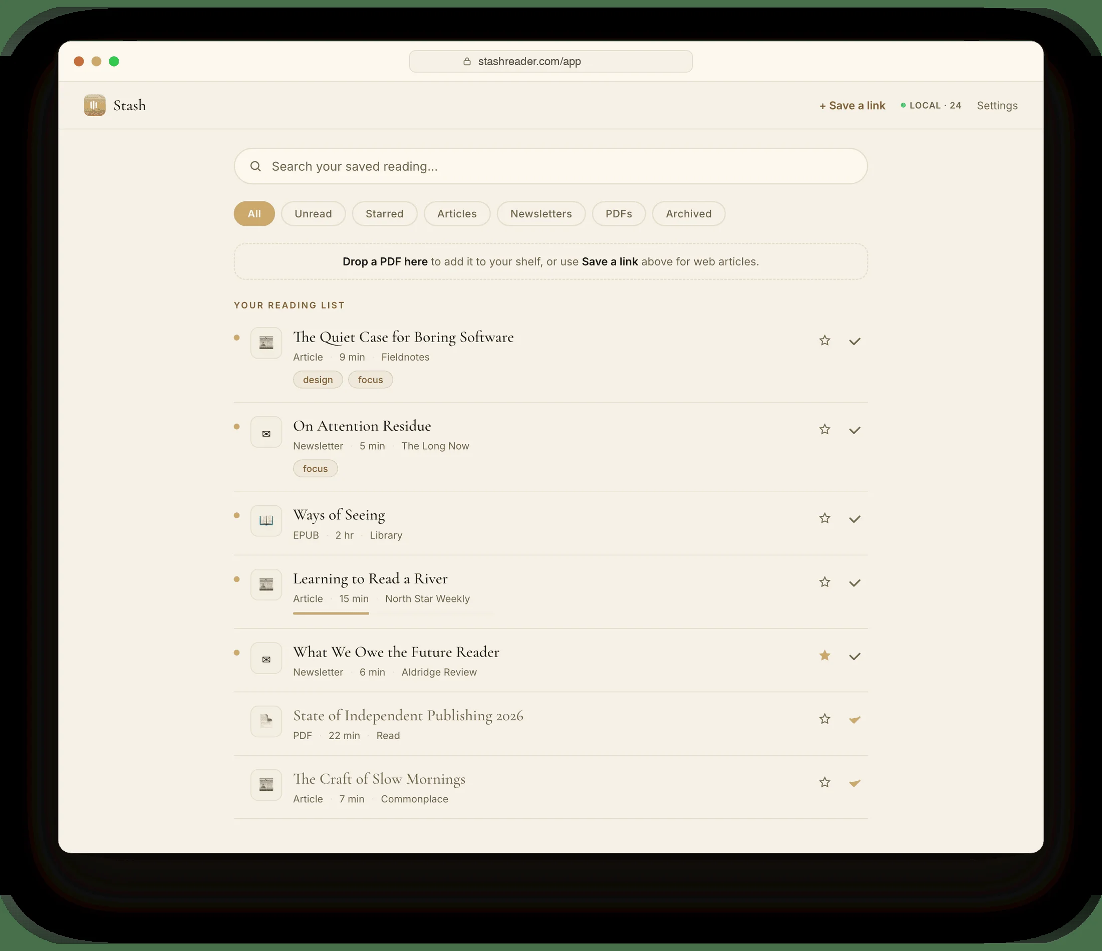 The Stash Reader library showing a reading list of articles, a newsletter, an EPUB, and a PDF with tags and star icons