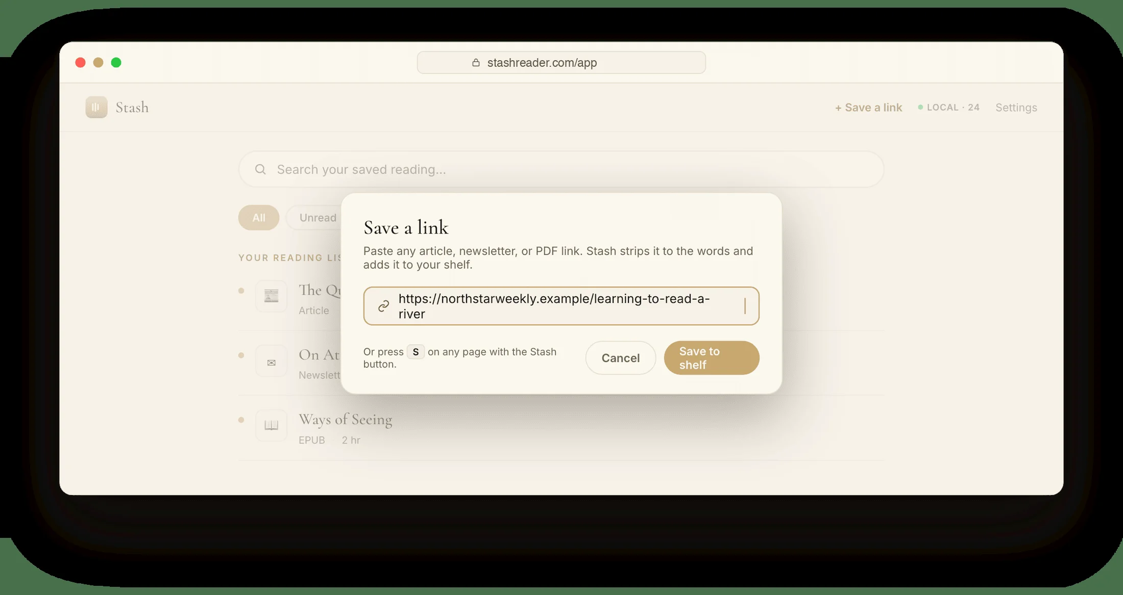 The Save a link dialog in Stash Reader with a pasted article URL and a Save to shelf button