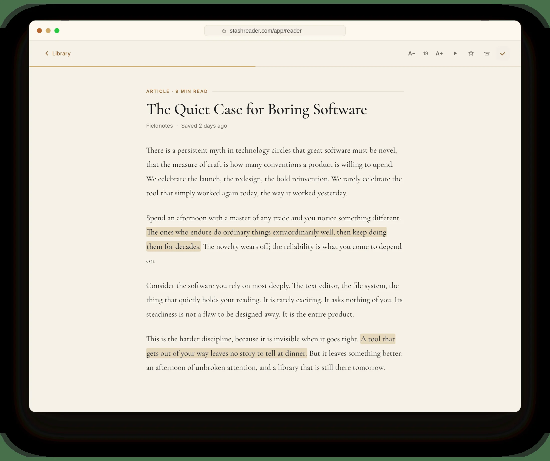 An open article in the Stash Reader distraction-free reading view with two passages highlighted in gold