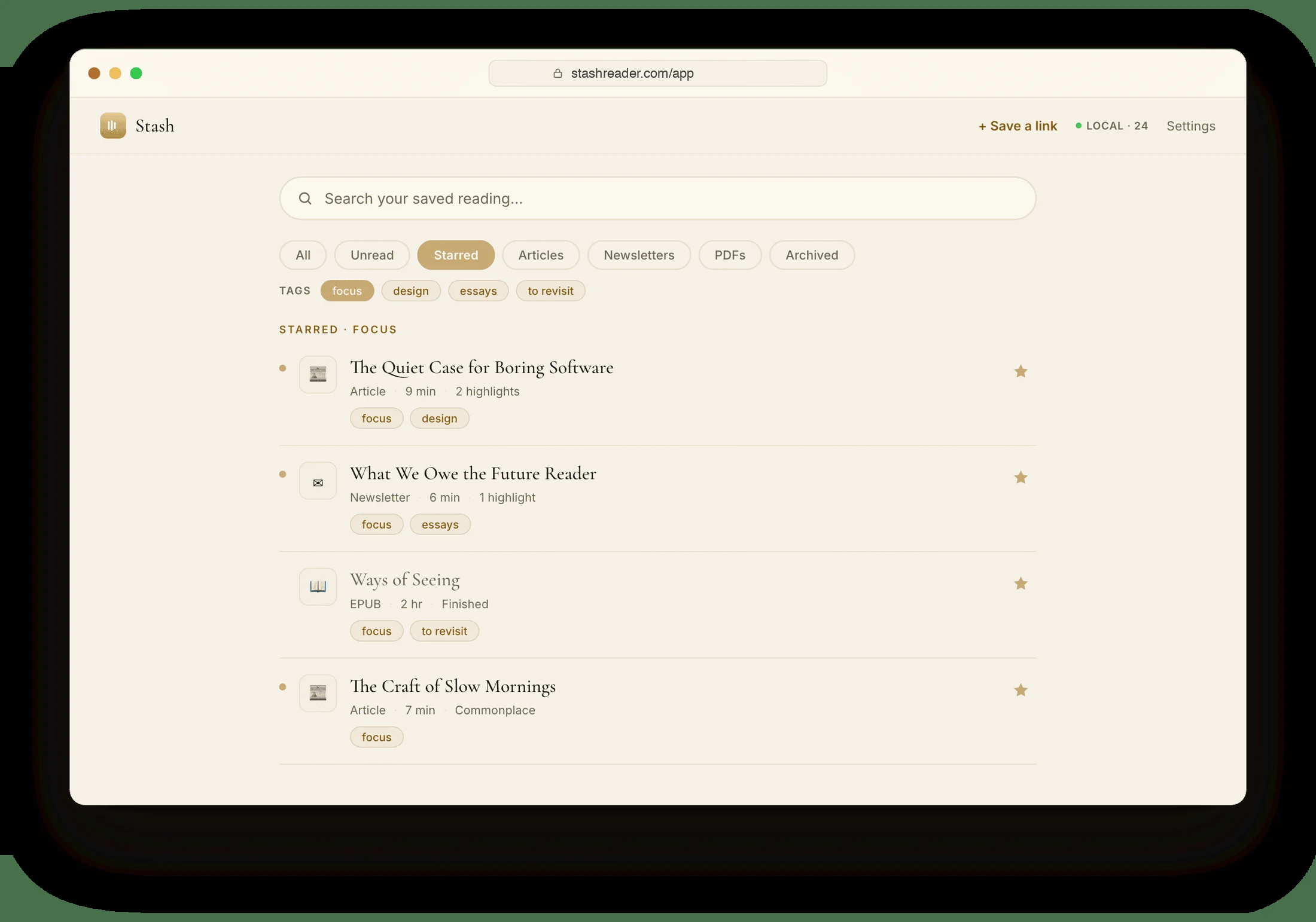 The Starred view in Stash Reader filtered by the focus tag, showing four saved items with their tags