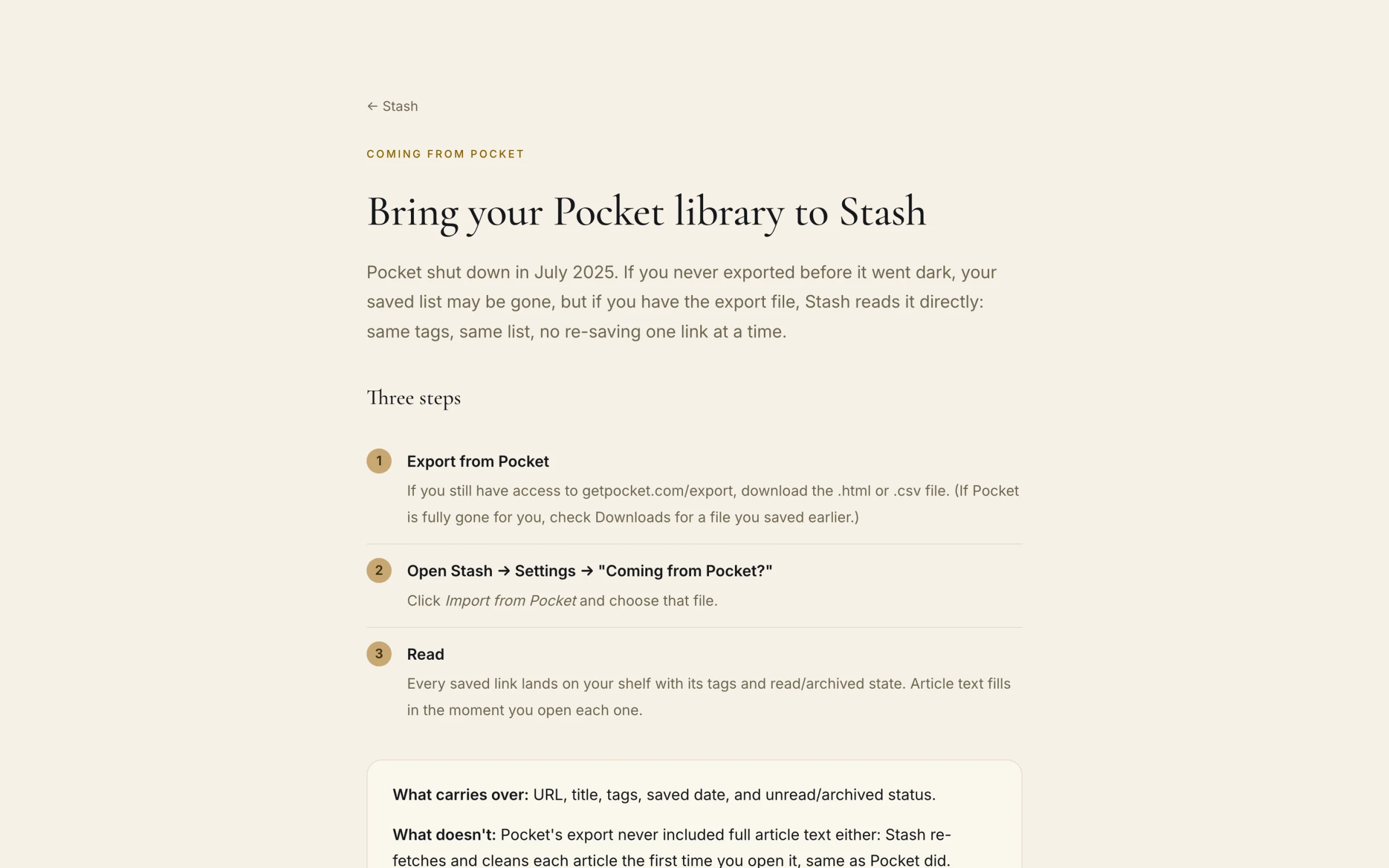 The Bring your Pocket library to Stash import page with three numbered steps for exporting and importing