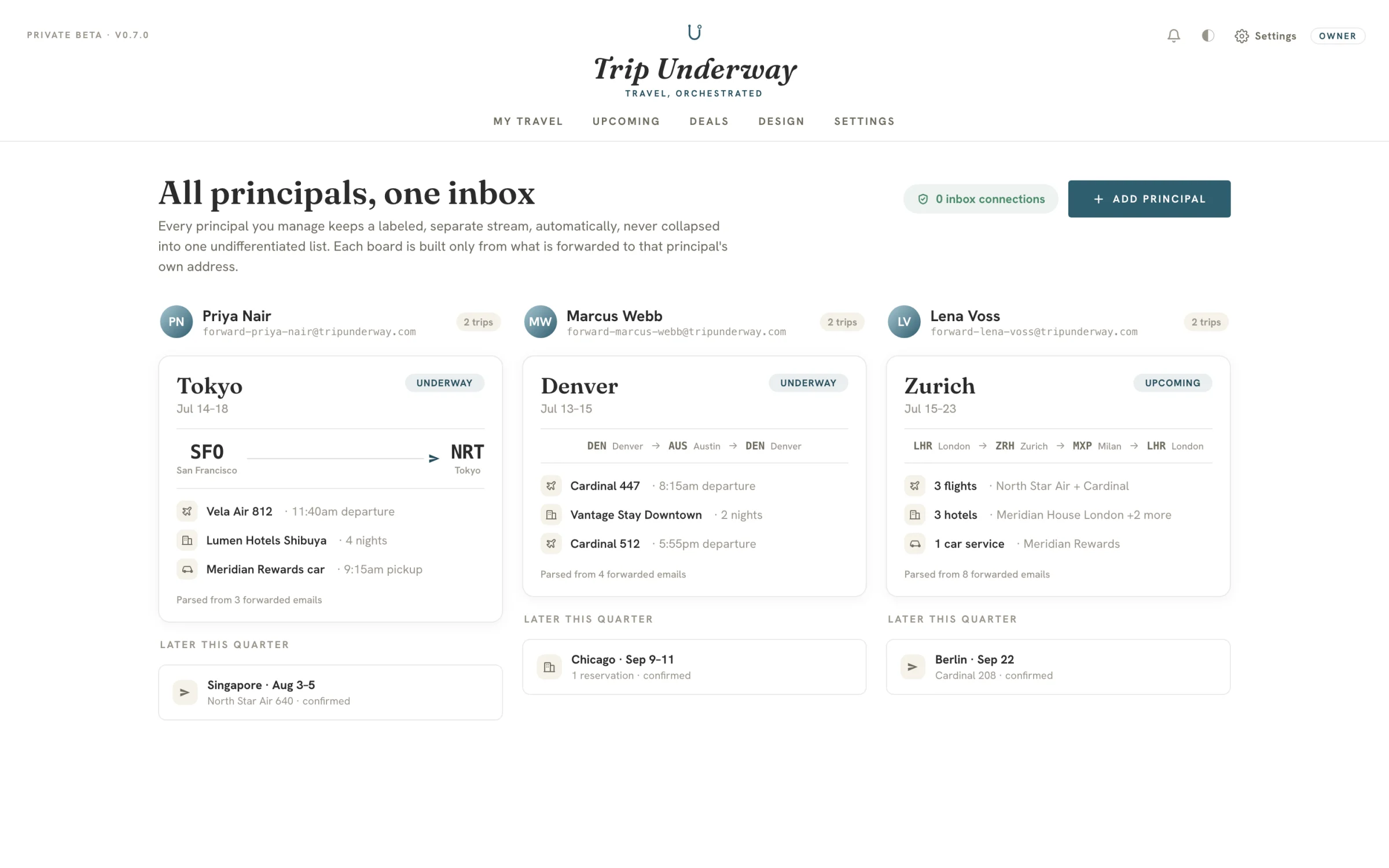 Command center showing three travelers' labeled trip boards side by side with upcoming trip cards