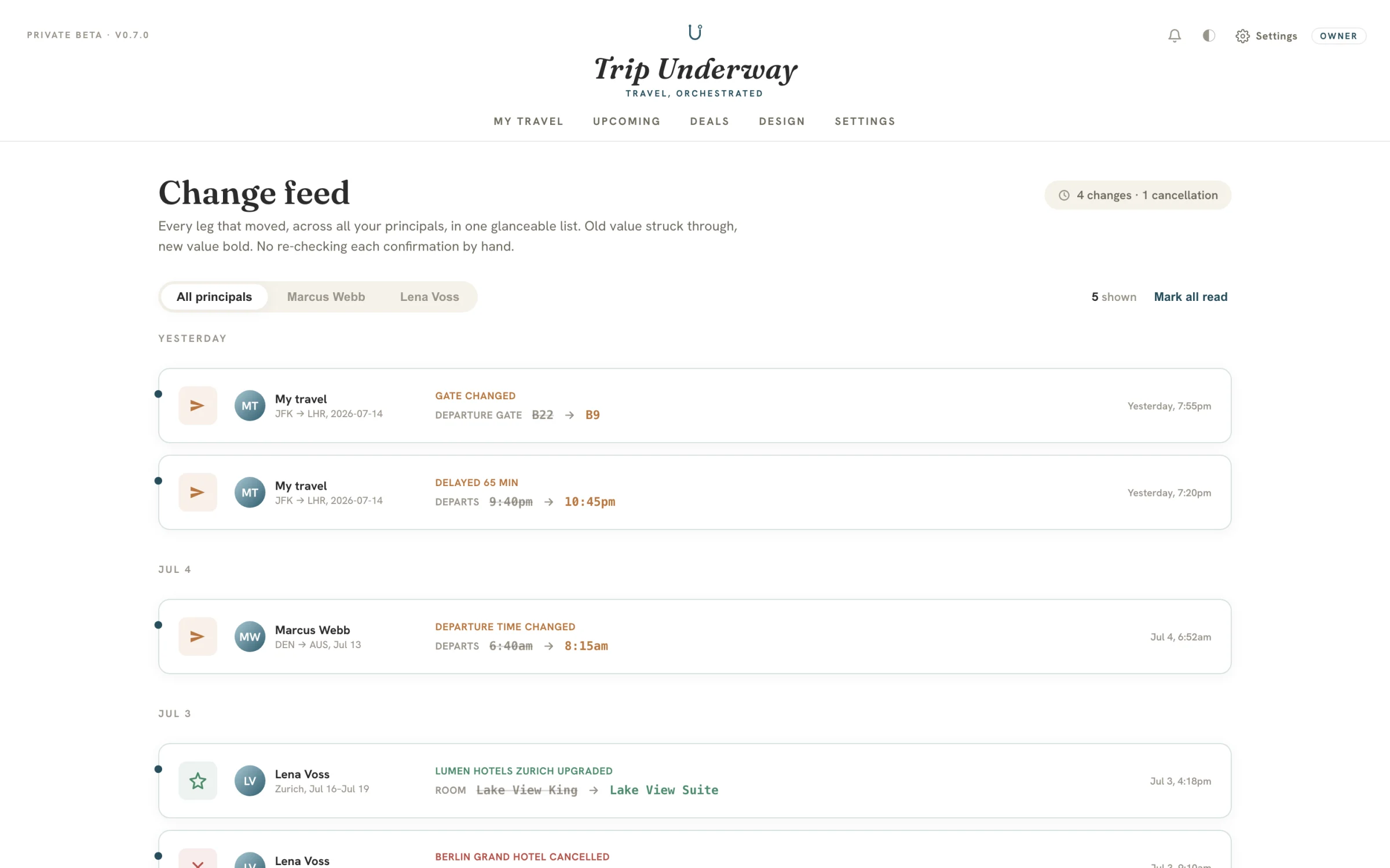 Change feed listing gate changes, delays, and a hotel upgrade with old and new values shown