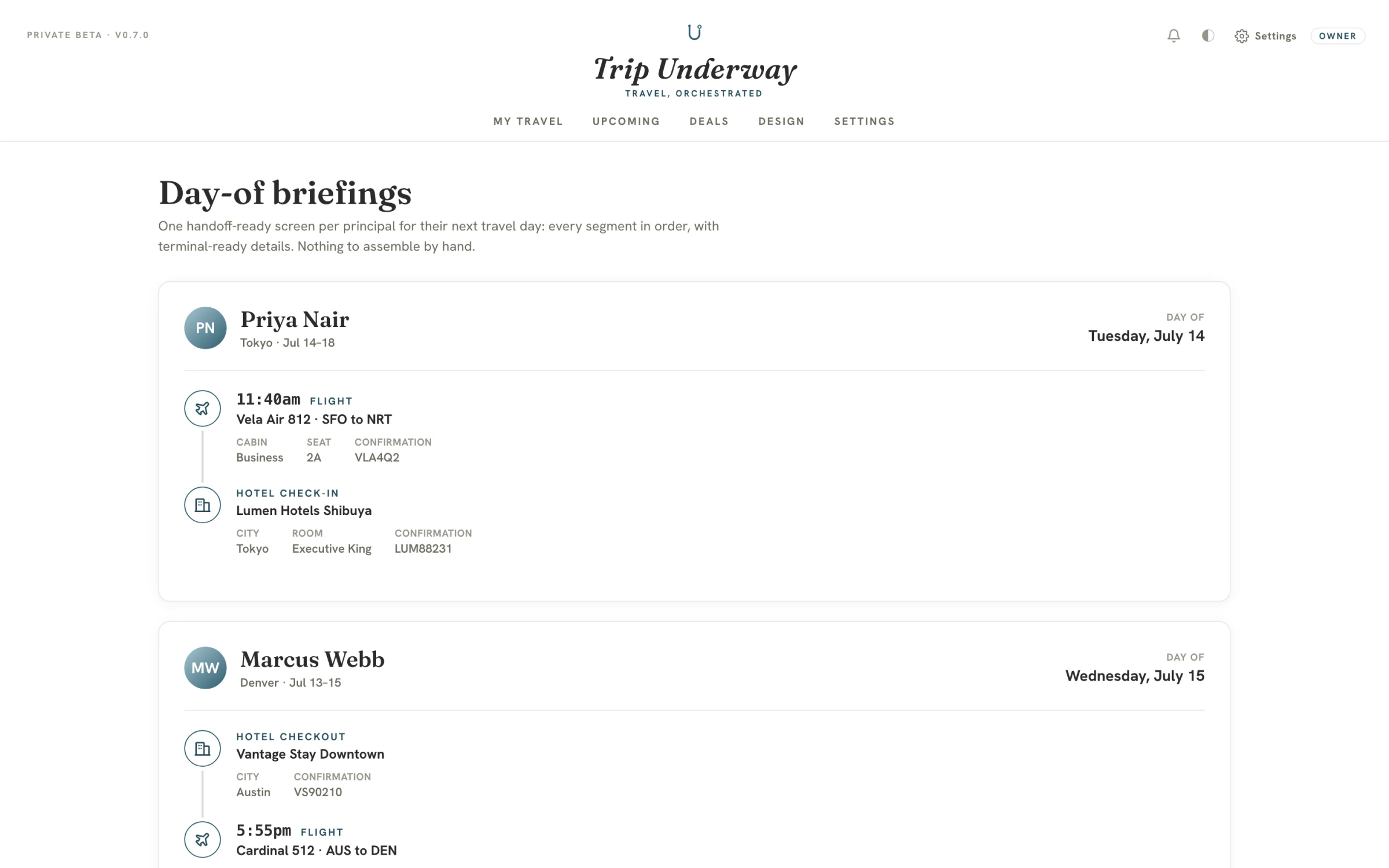 Day-of briefing page listing a traveler's flight, hotel check-in, and confirmation numbers