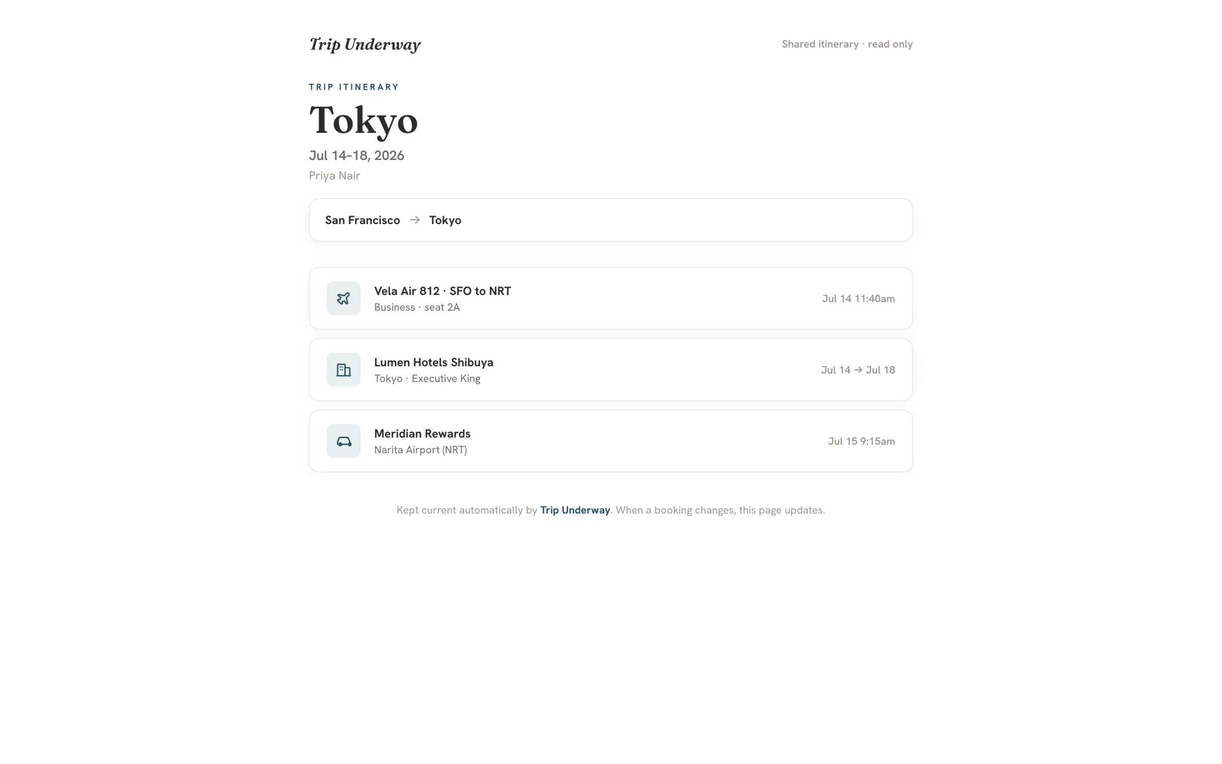 Shared read-only itinerary page for a Tokyo trip listing flight, hotel, and car details