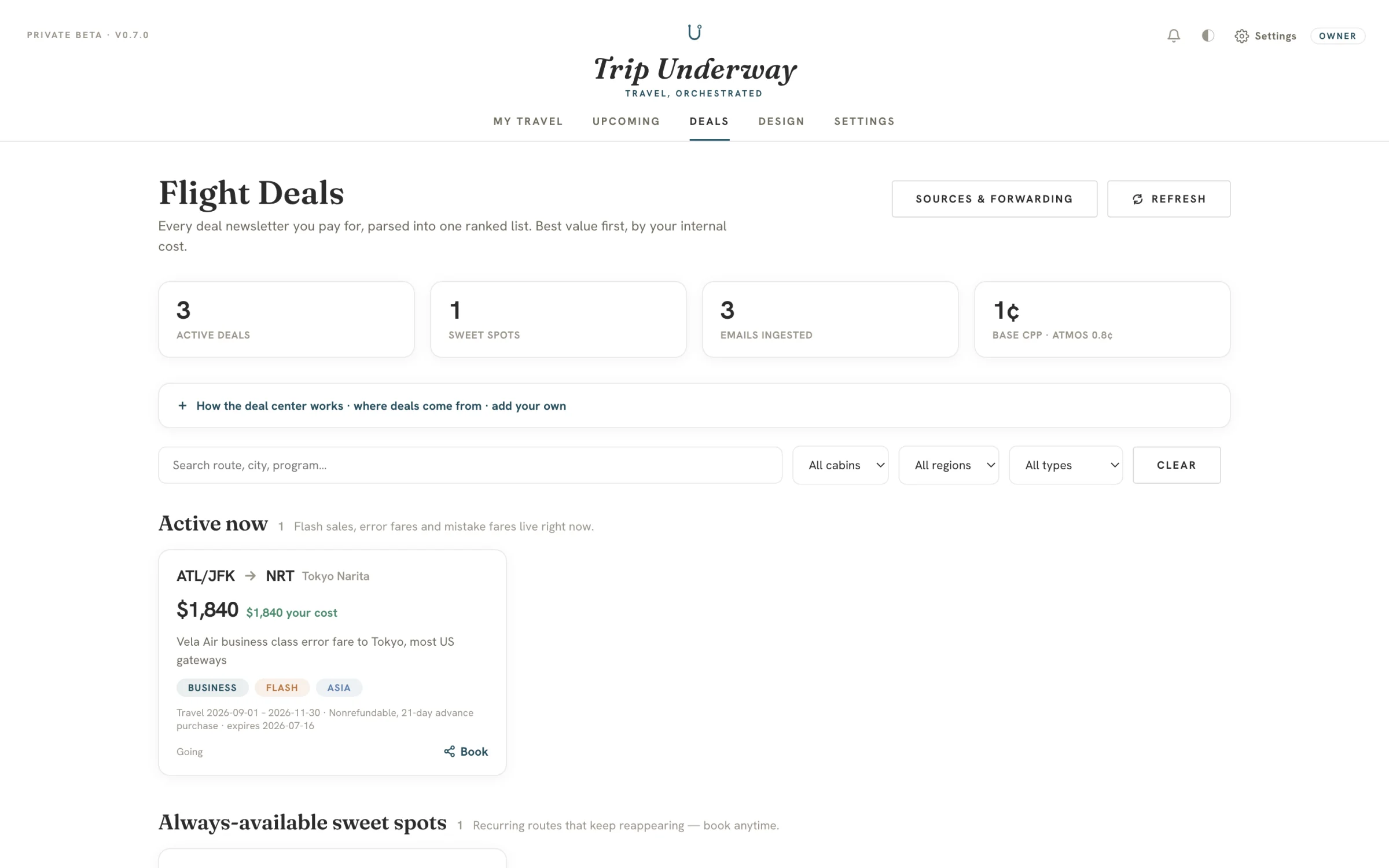 Flight deals board showing an active business class fare with route, price, and expiration