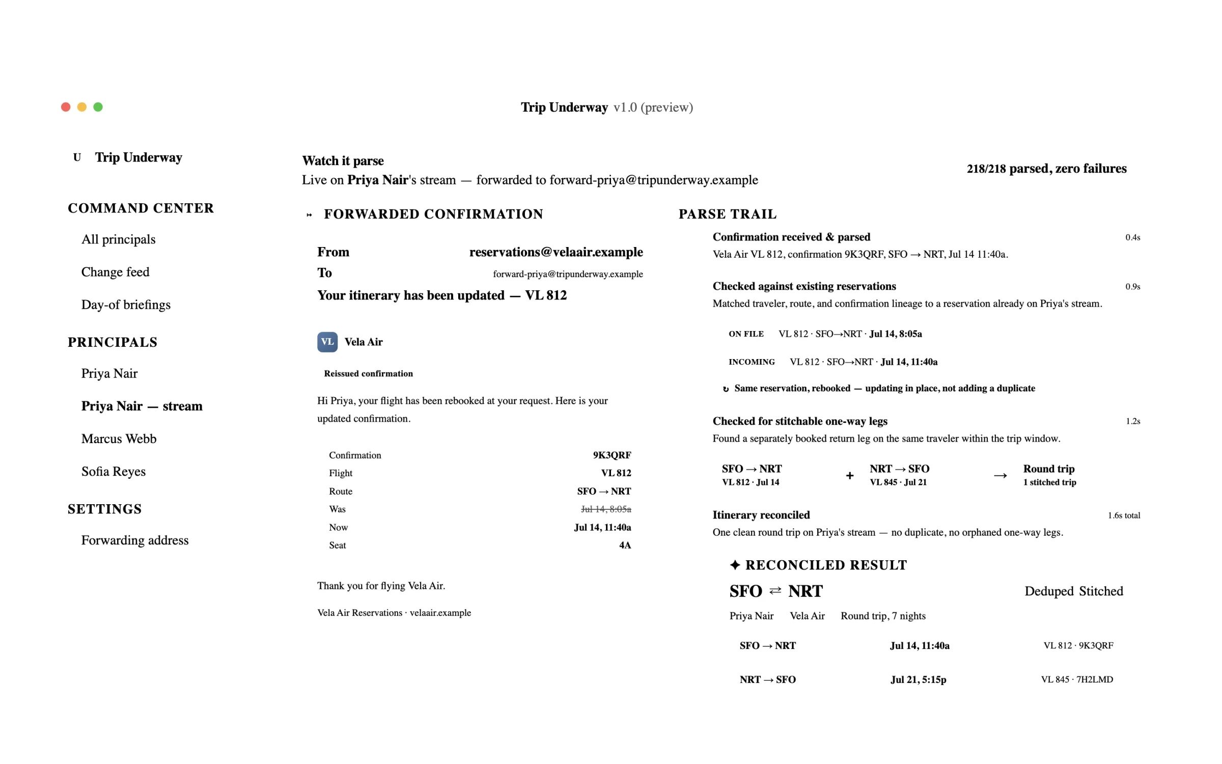 Side by side view of a forwarded confirmation email and the parse trail that deduped and stitched it
