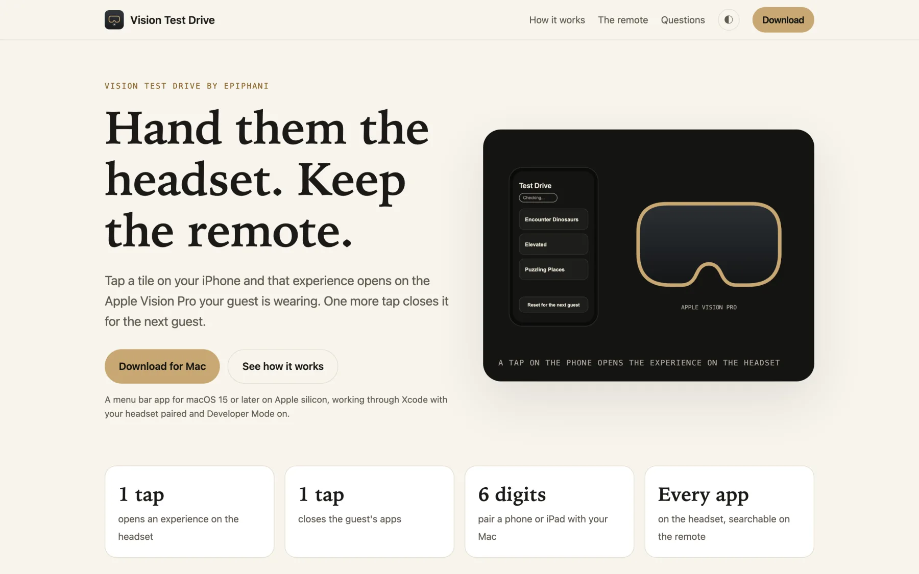 The Vision Test Drive landing page showing an iPhone remote beside an Apple Vision Pro headset and the line Hand them the headset. Keep the remote.