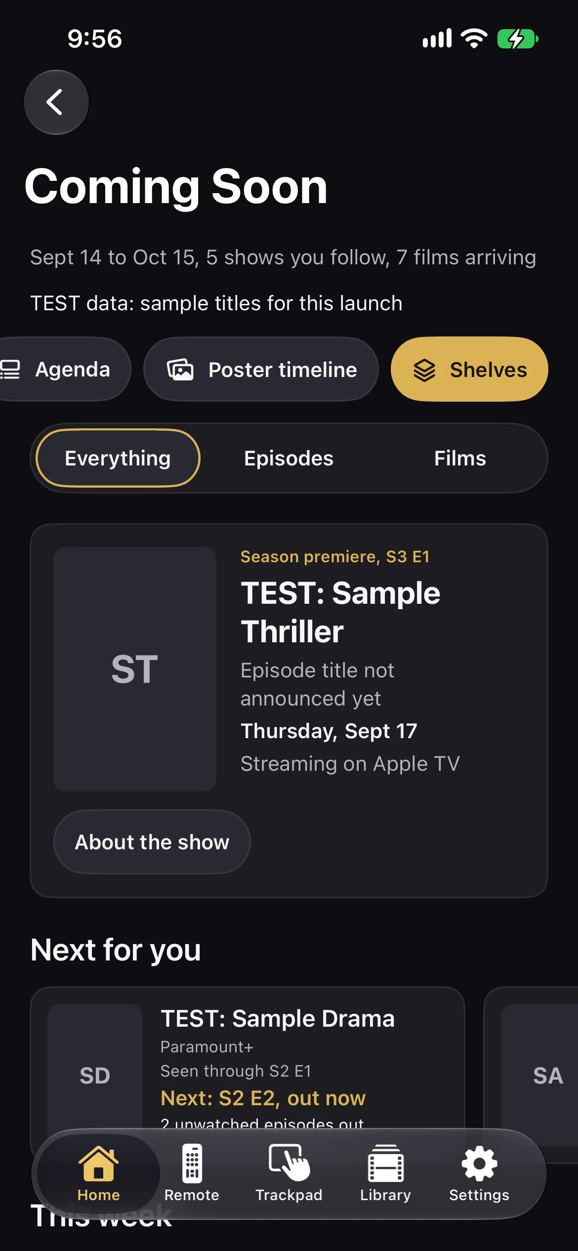 A release-calendar screen on iPhone in Shelves layout, listing test episodes and films with premiere dates and streaming services.