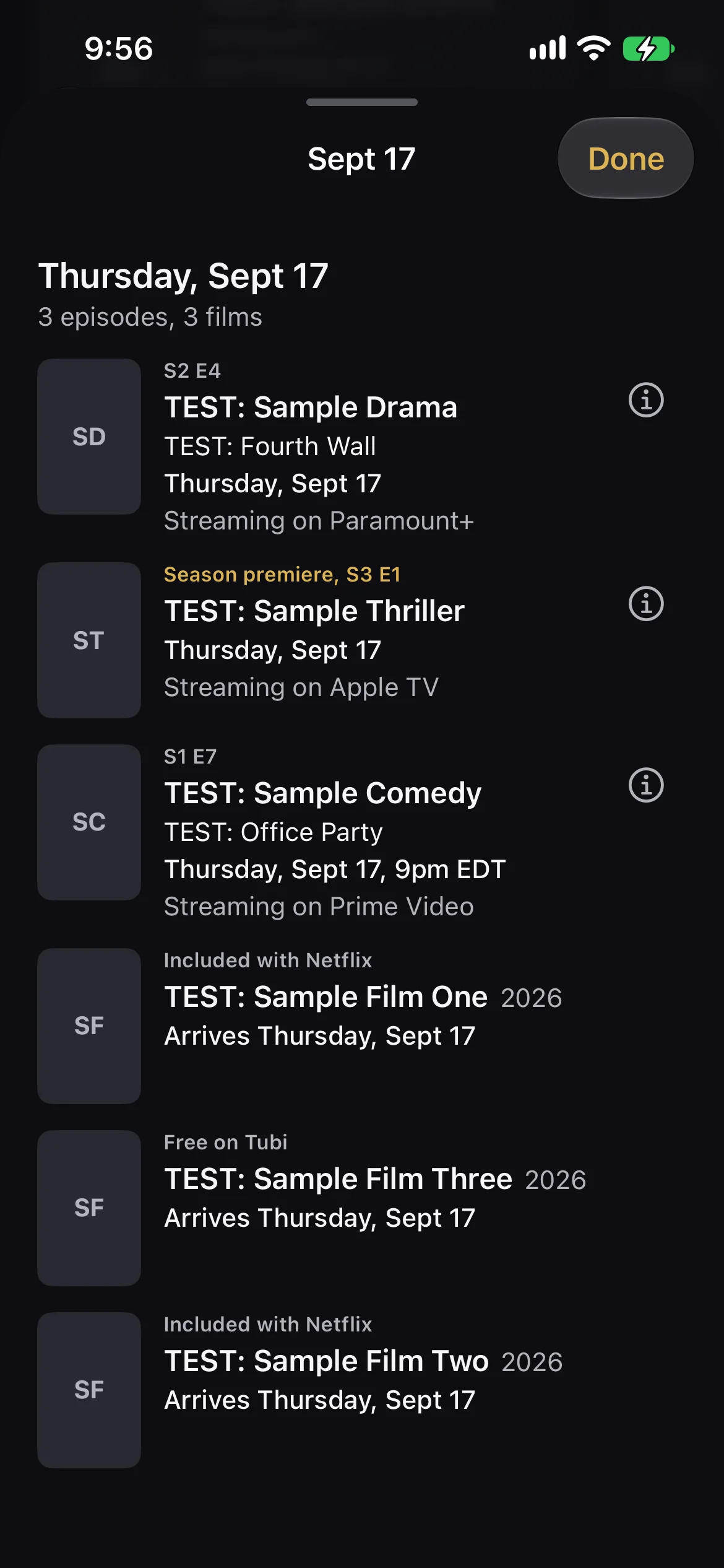 A single day's release detail on iPhone listing three test episodes and three test films due that Thursday.