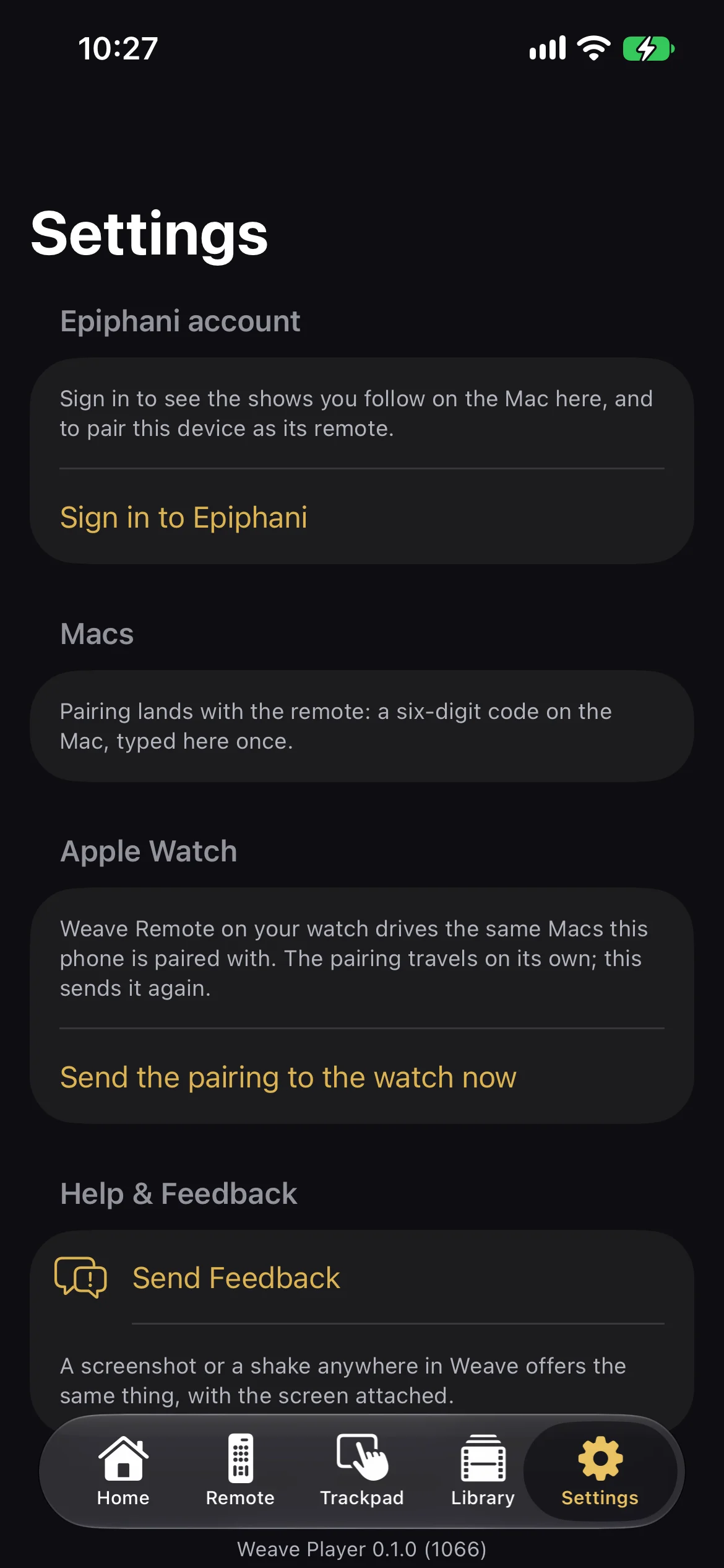 The Settings screen on iPhone with Epiphani account sign-in, Mac pairing instructions, and Apple Watch remote pairing.