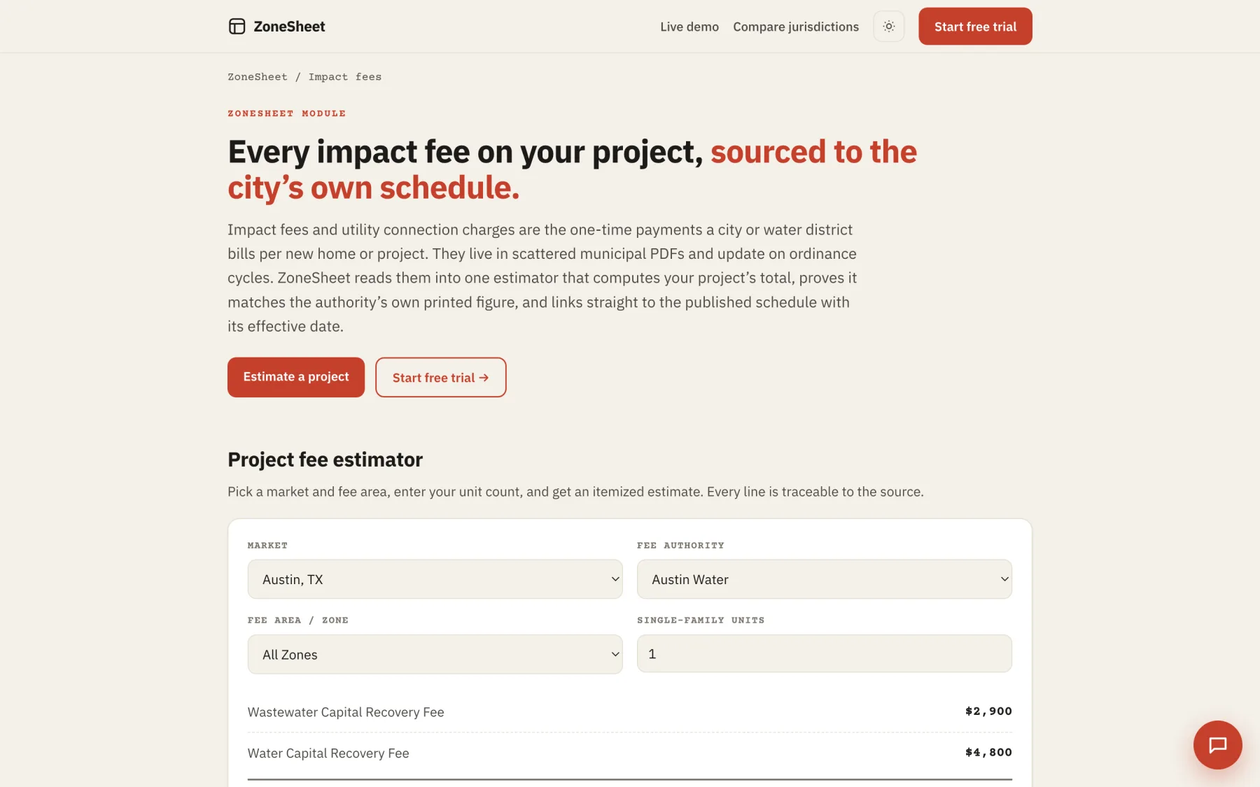 ZoneSheet Impact Fees page with a project fee estimator for Austin showing wastewater and water capital recovery fees